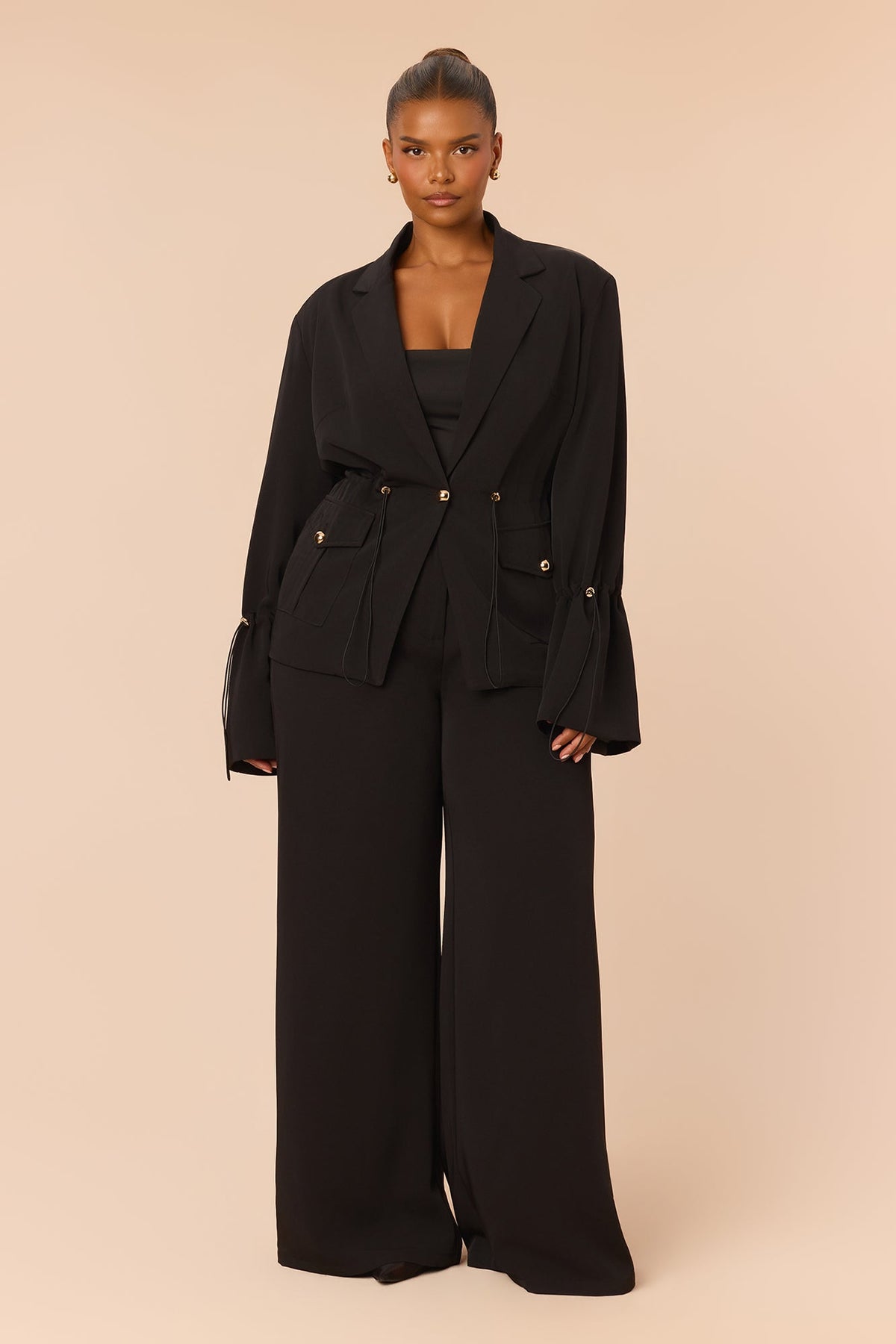 Nia Drawstring Blazer Pant Set - Black