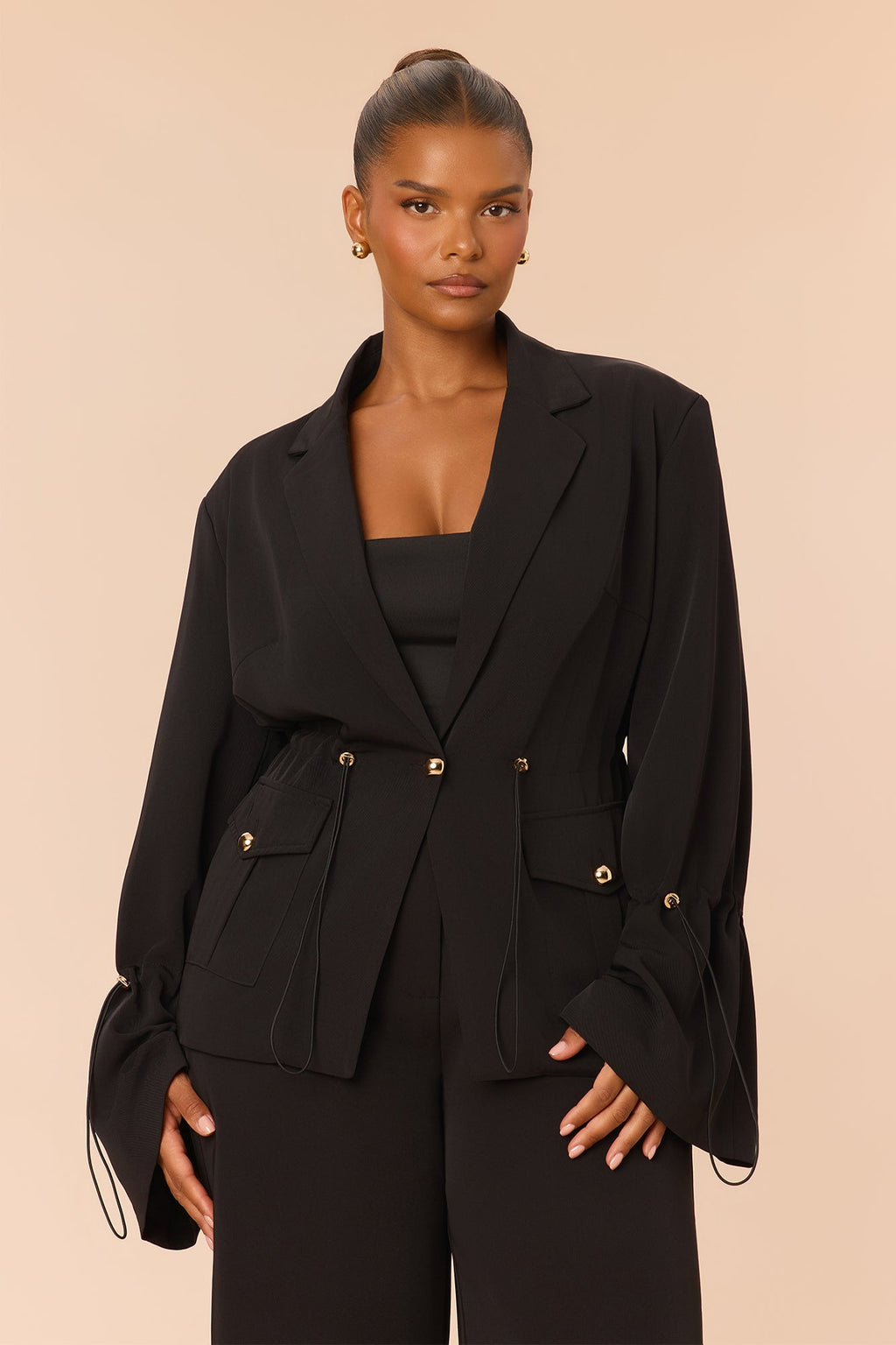 Nia Drawstring Blazer Pant Set - Black