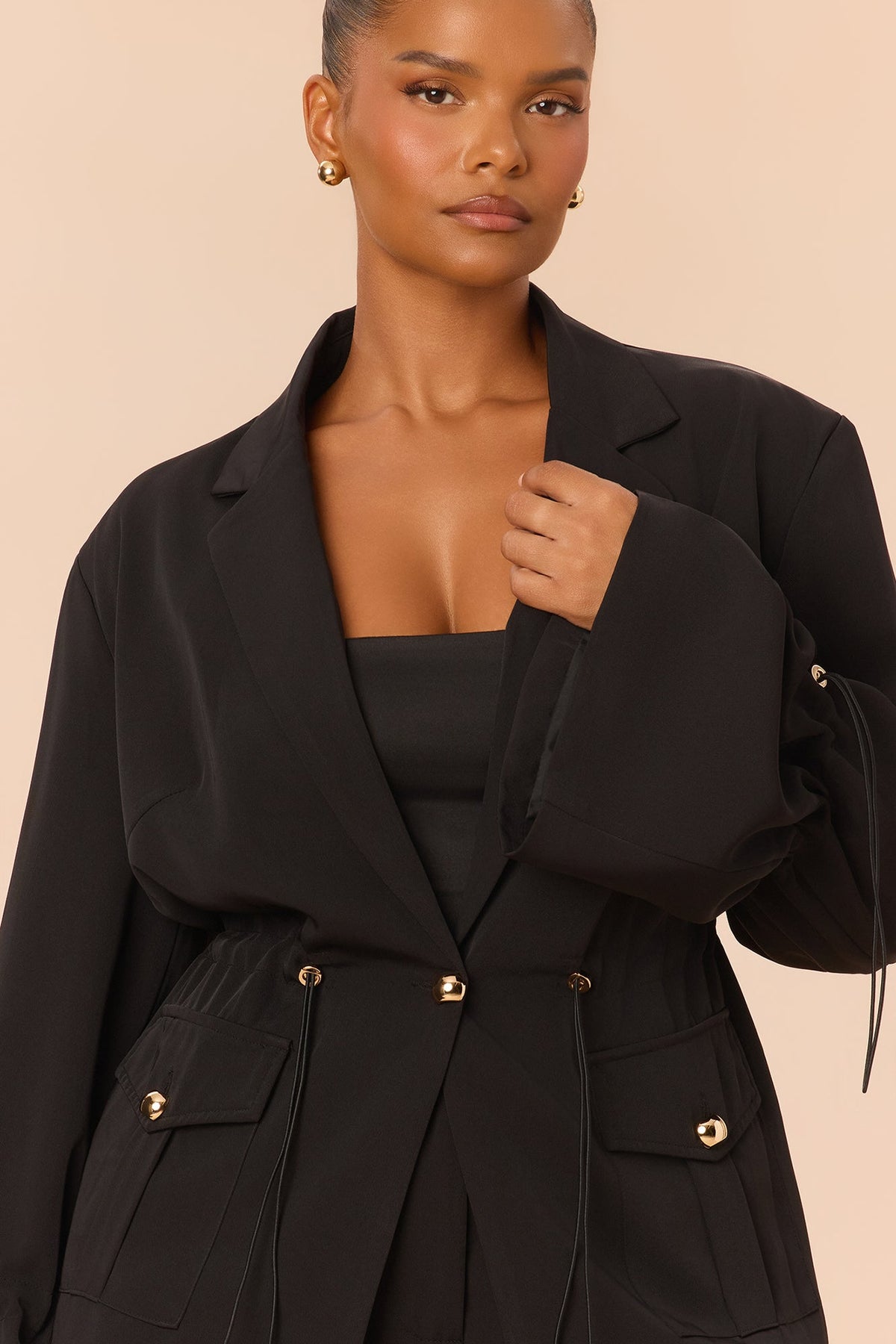Nia Drawstring Blazer Pant Set - Black