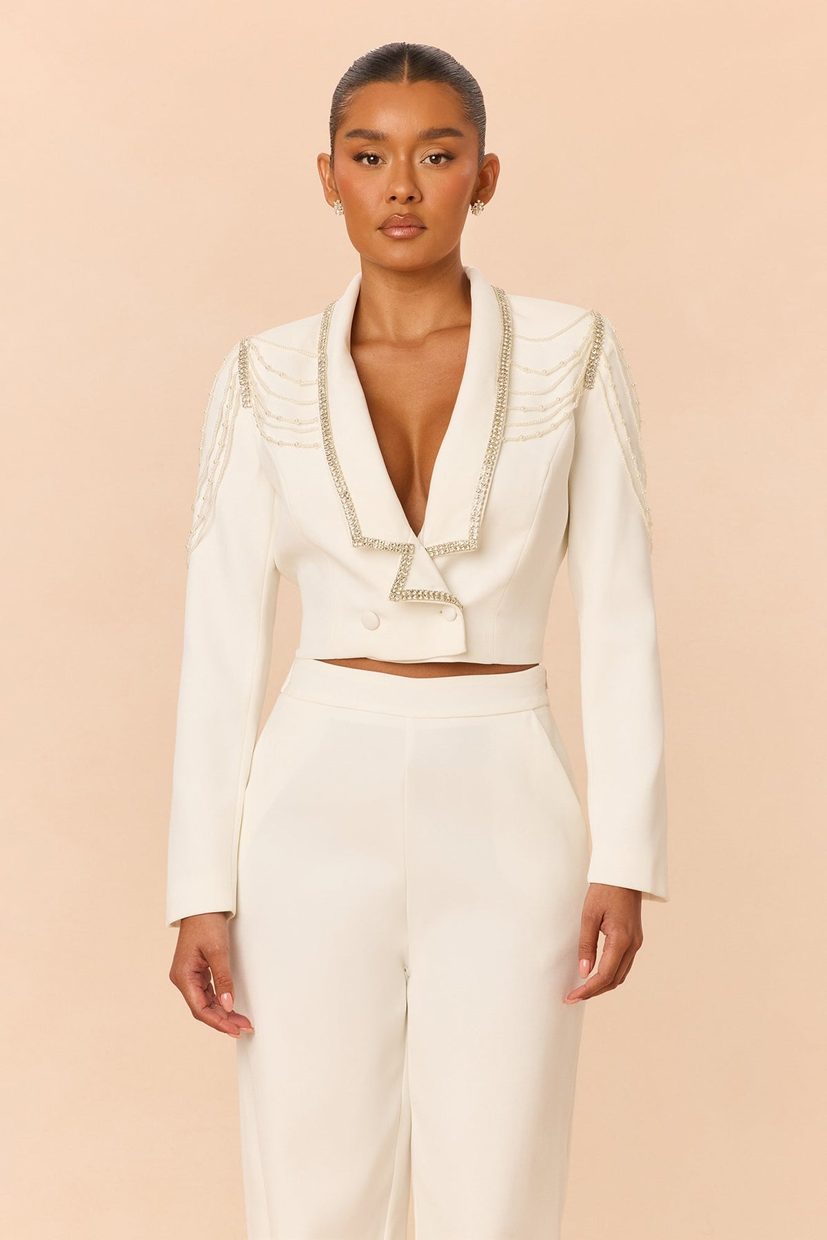 Desk To Drinks Embellished Pant Set - White