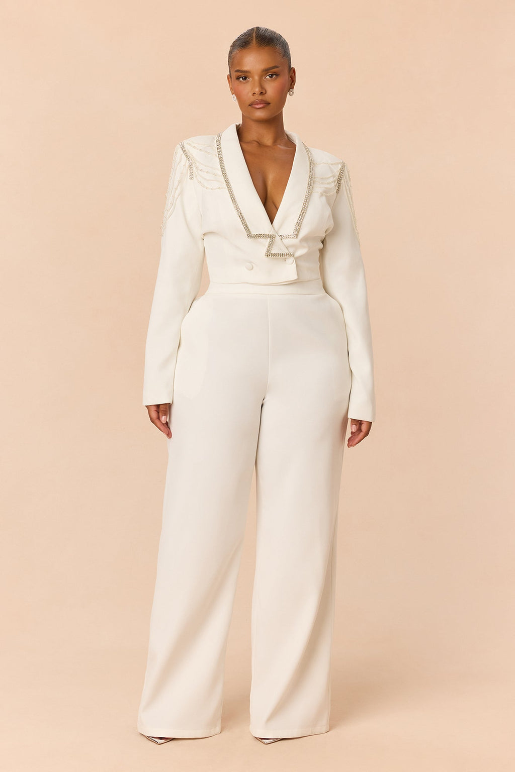Desk To Drinks Embellished Pant Set - White