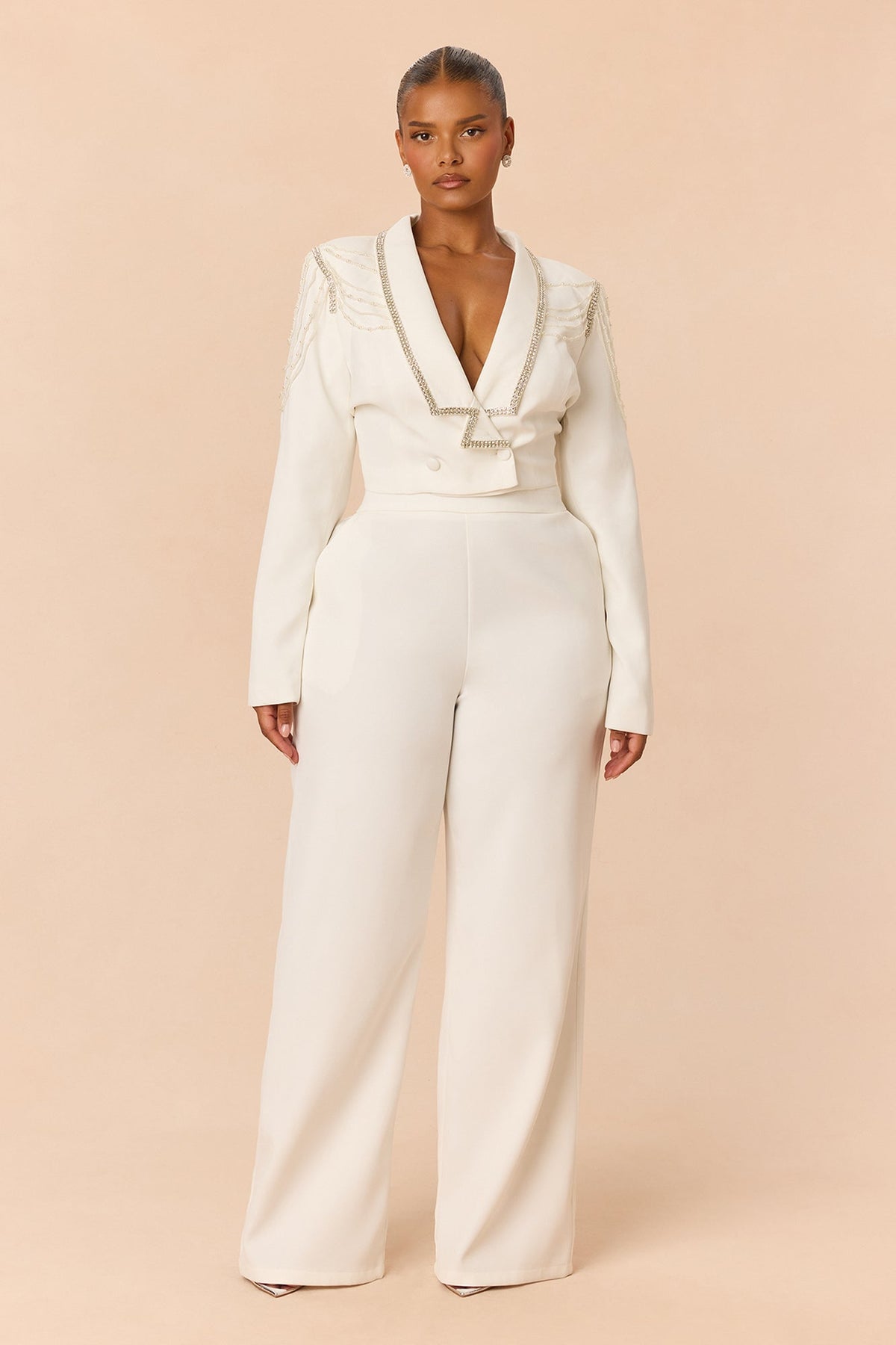 Desk To Drinks Embellished Pant Set - White