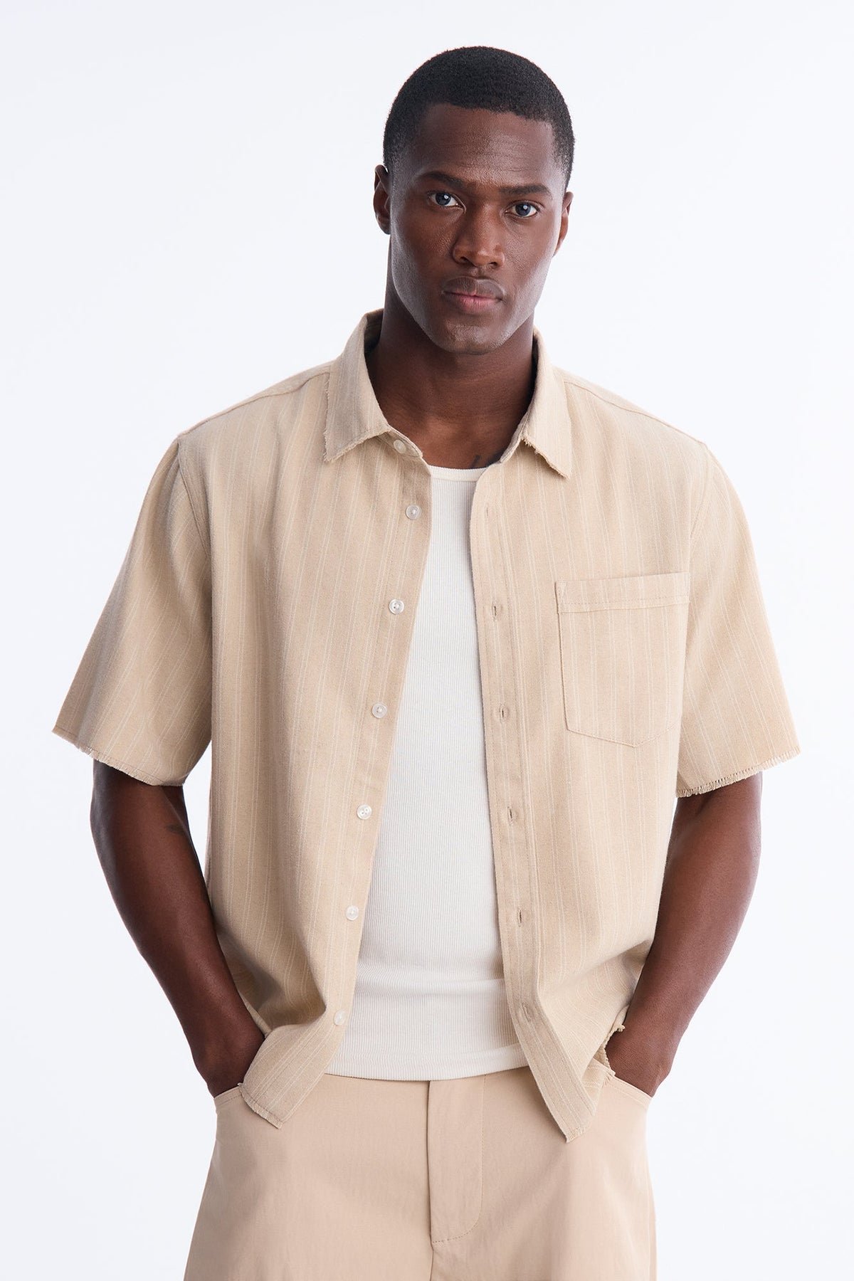 Cropped Stripe Workwear Button Up Shirt - Cream