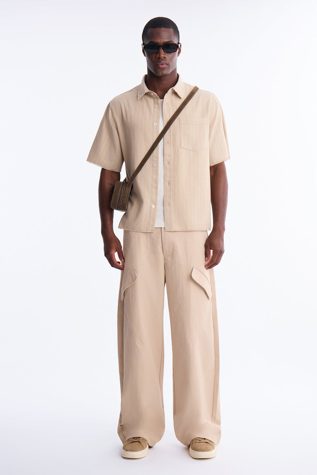 Cropped Stripe Workwear Button Up Shirt - Cream