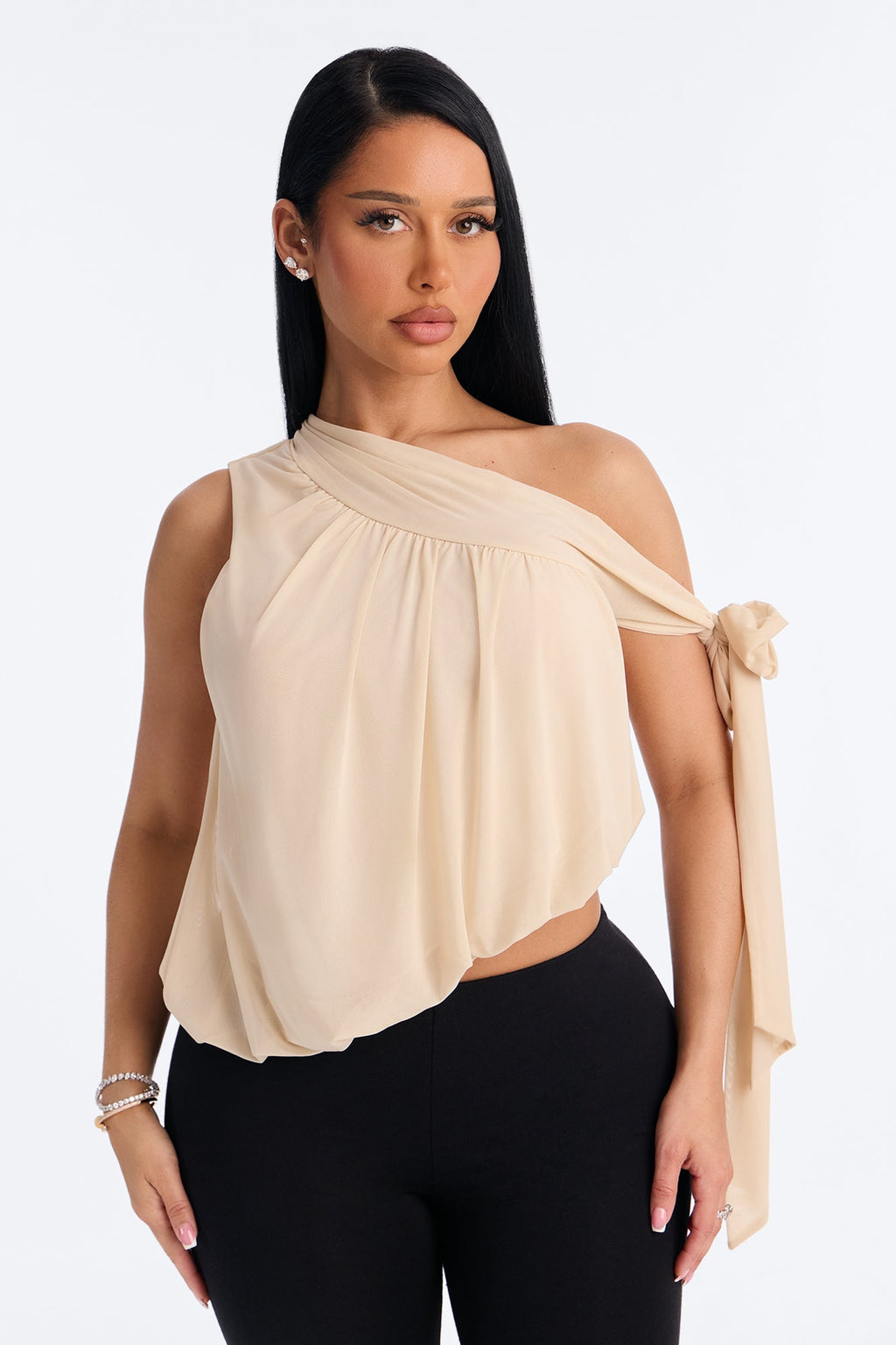 Soleil Off Shoulder Asymmetrical Bubble Hem Mesh Top - Cream