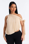 Soleil Off Shoulder Asymmetrical Bubble Hem Mesh Top - Cream