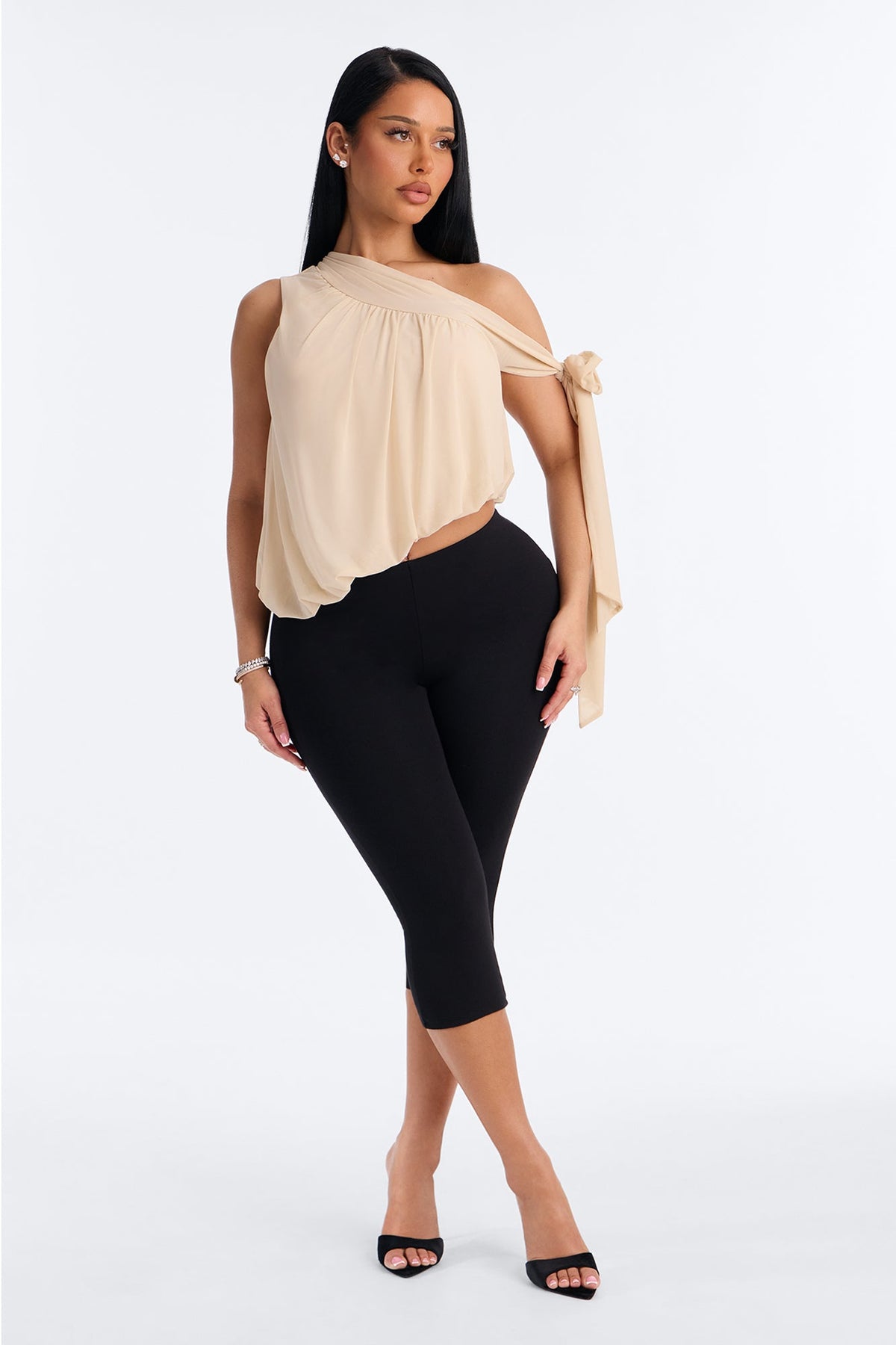 Soleil Off Shoulder Asymmetrical Bubble Hem Mesh Top - Cream