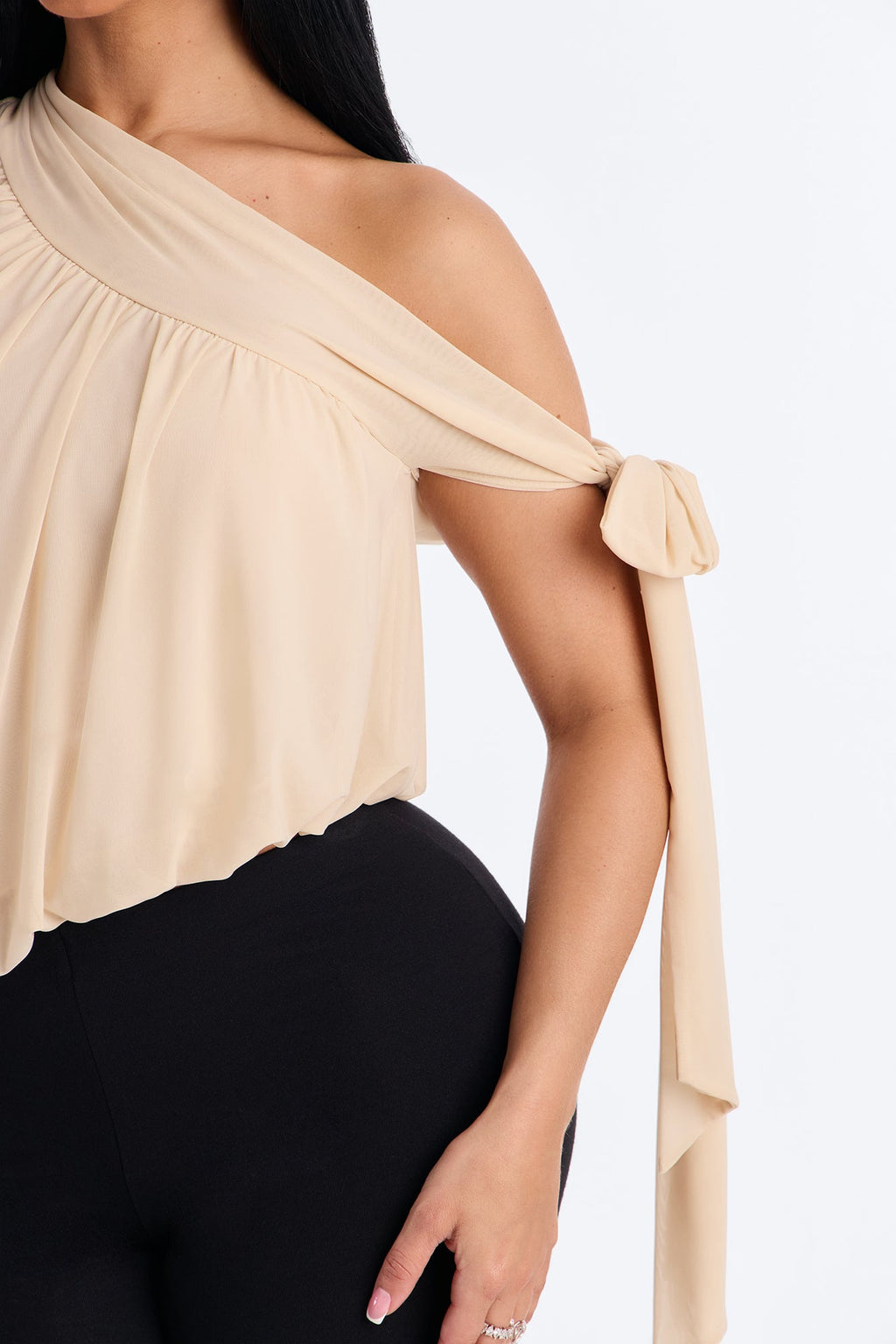 Soleil Off Shoulder Asymmetrical Bubble Hem Mesh Top - Cream