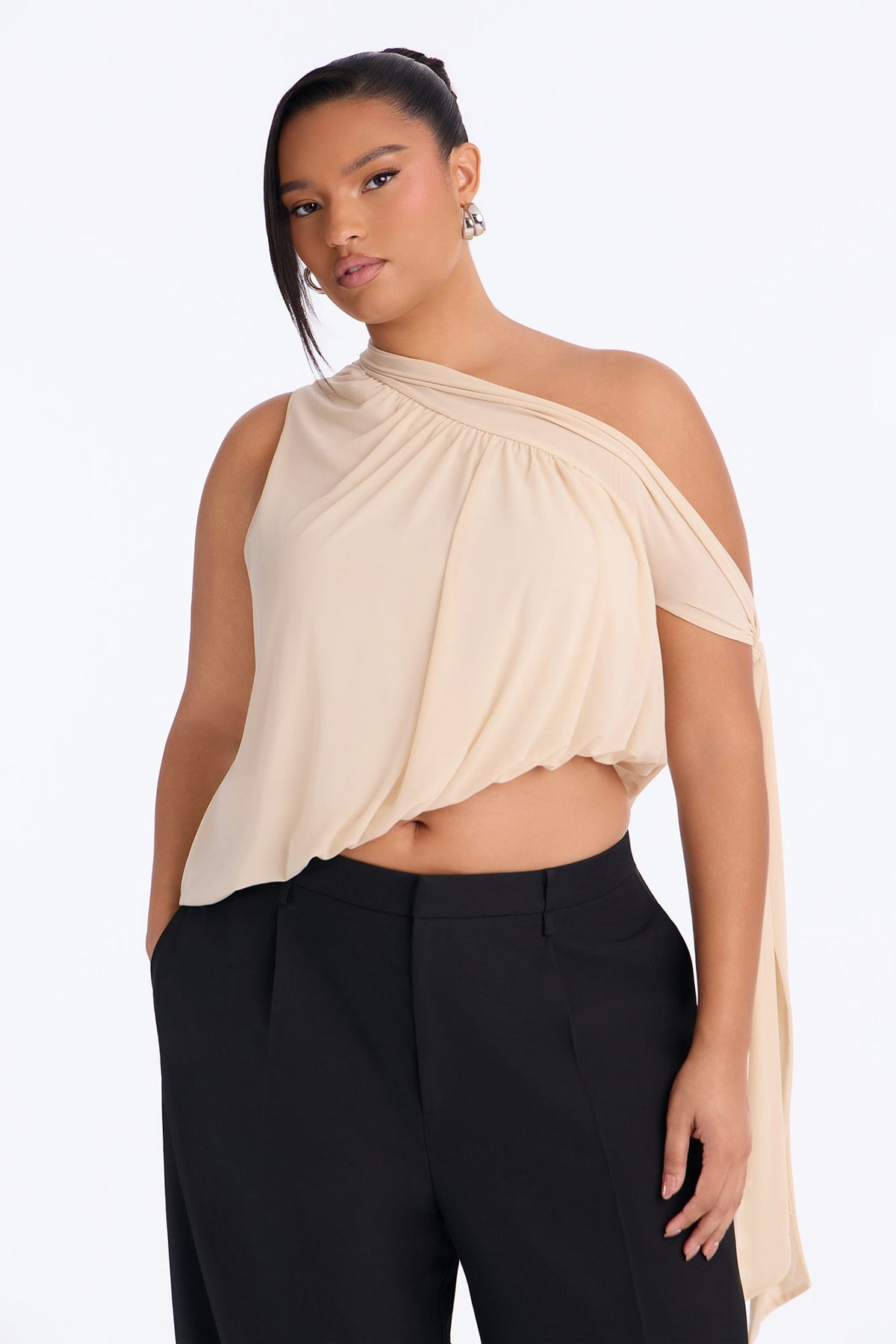 Soleil Off Shoulder Asymmetrical Bubble Hem Mesh Top - Cream