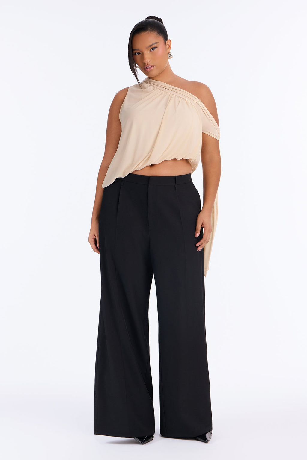 Soleil Off Shoulder Asymmetrical Bubble Hem Mesh Top - Cream