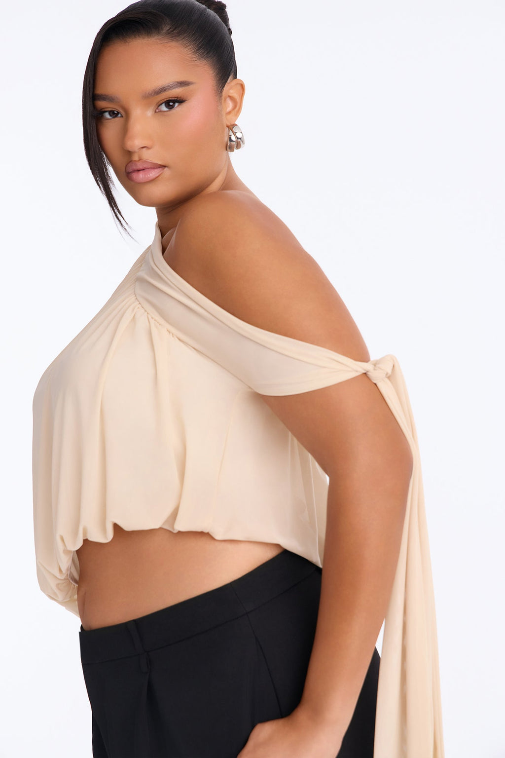 Soleil Off Shoulder Asymmetrical Bubble Hem Mesh Top - Cream