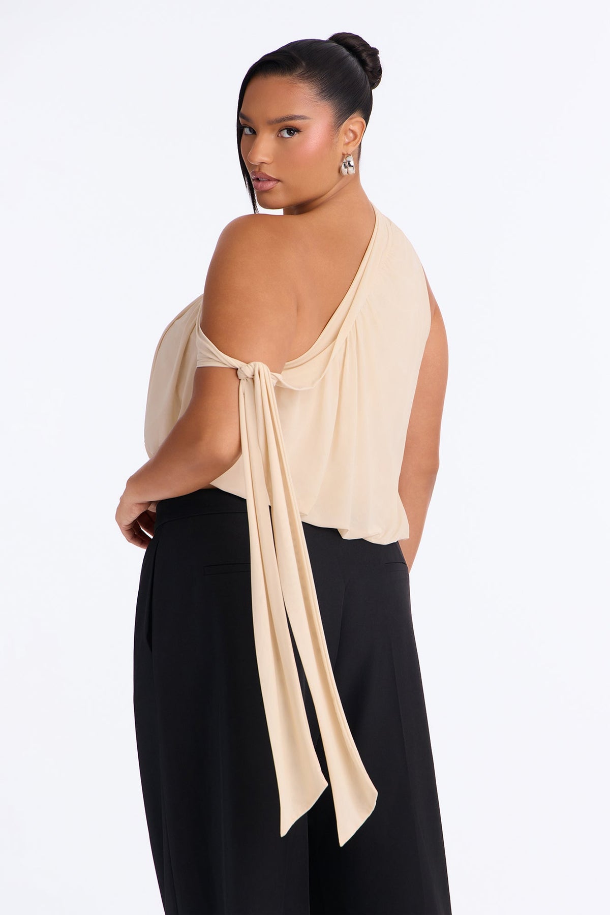 Soleil Off Shoulder Asymmetrical Bubble Hem Mesh Top - Cream