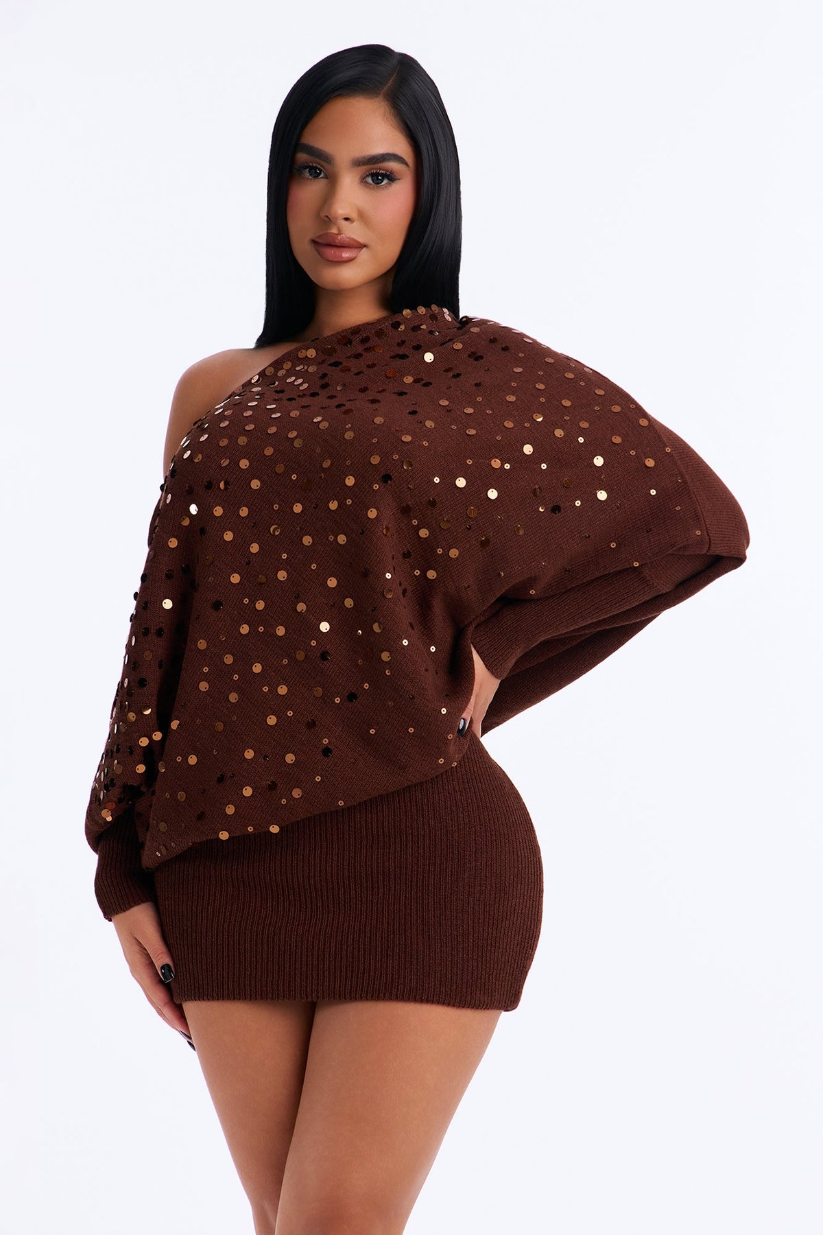 Ellena Embellished Sweater Mini Dress - Brown