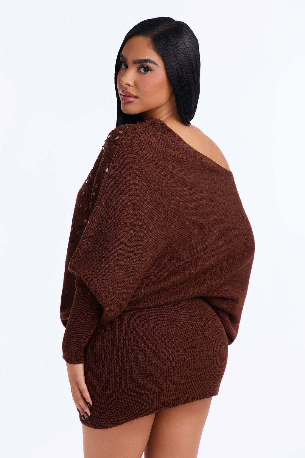 Ellena Embellished Sweater Mini Dress - Brown
