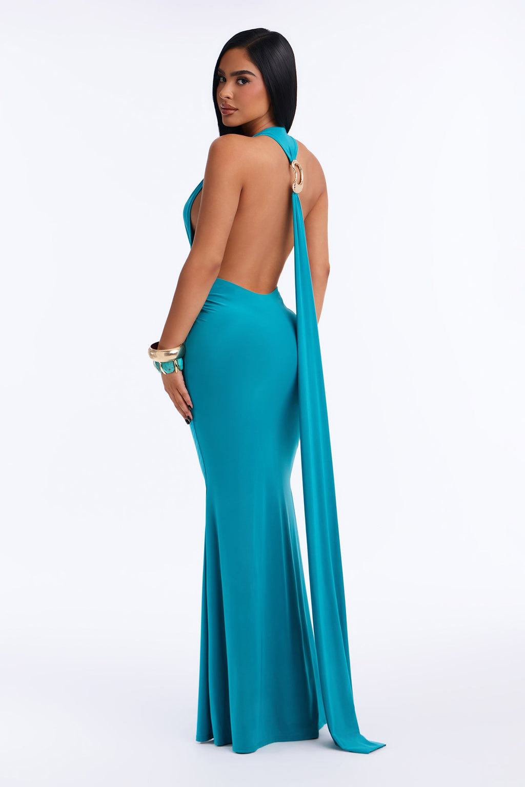 Daria Draped Backless Maxi Dress - Turquoise