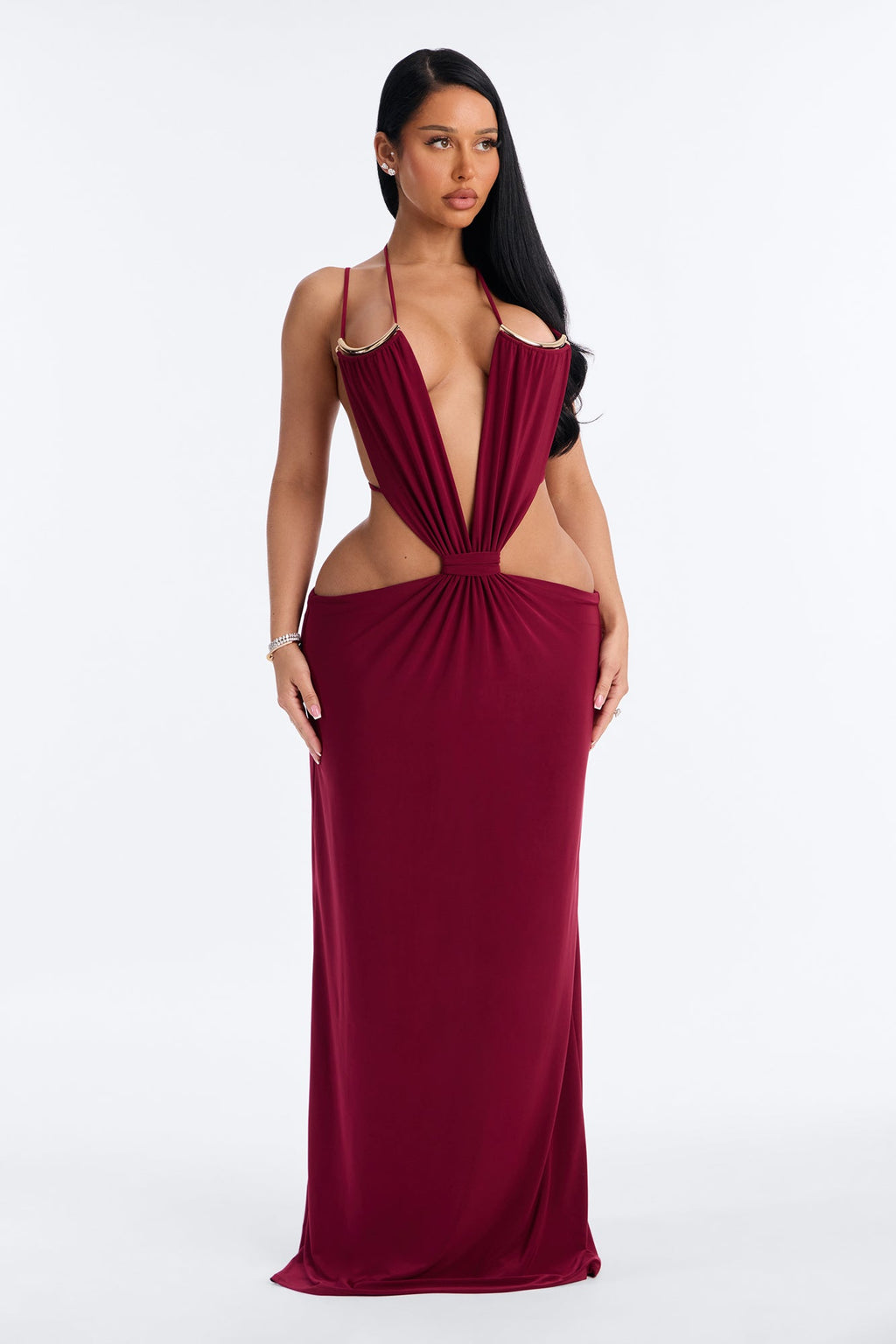 Jenna Cut Out Strappy Backless Maxi Dress - Burgundy
