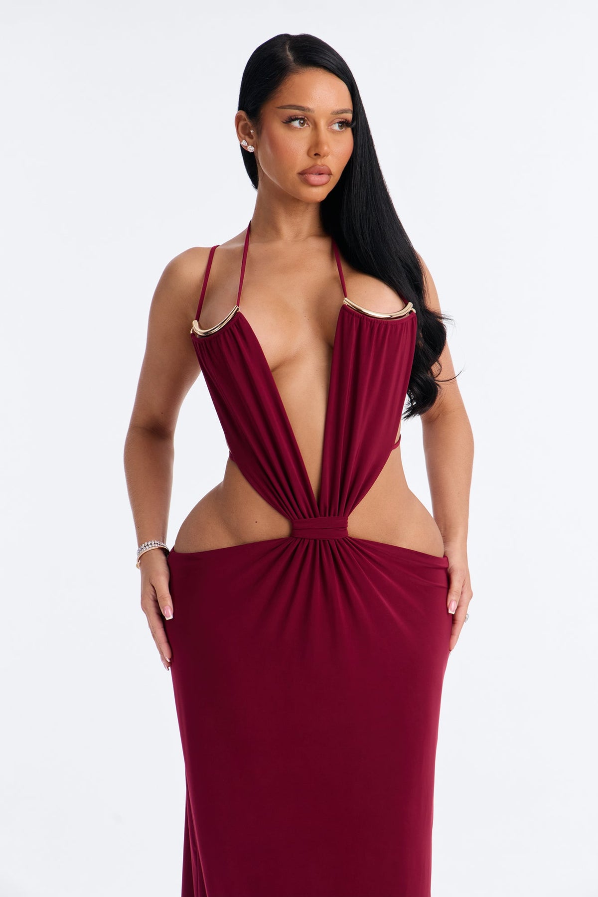 Jenna Cut Out Strappy Backless Maxi Dress - Burgundy