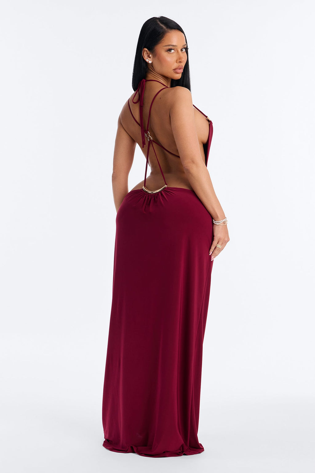 Jenna Cut Out Strappy Backless Maxi Dress - Burgundy