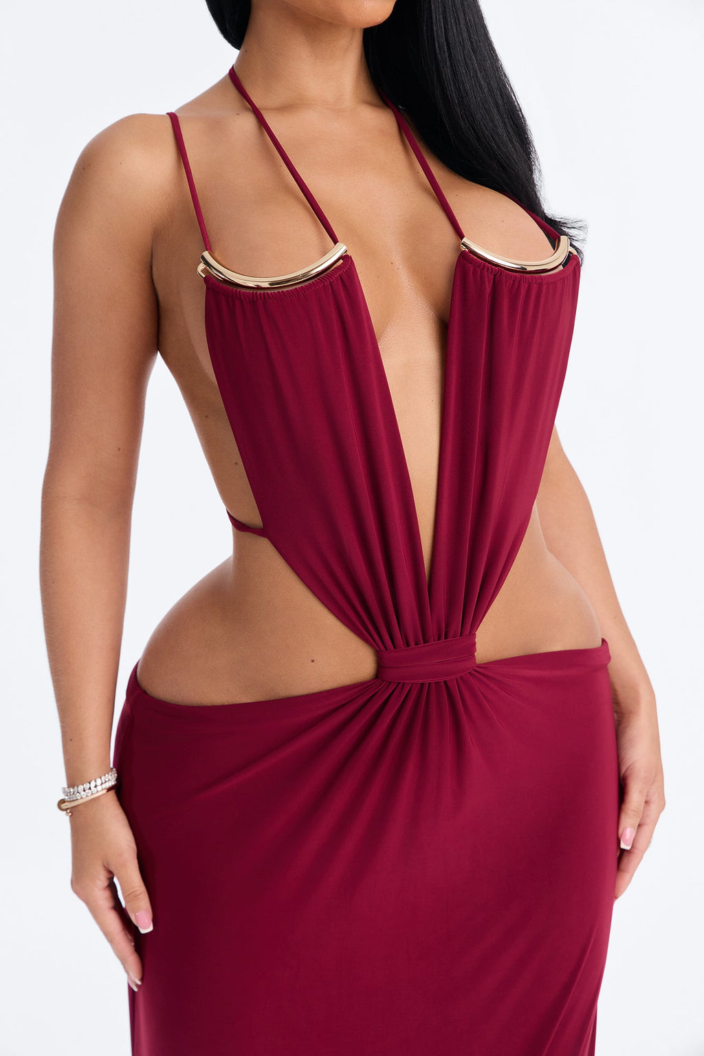 Jenna Cut Out Strappy Backless Maxi Dress - Burgundy