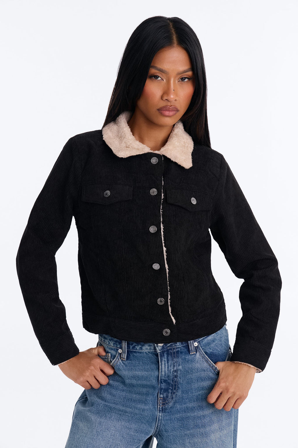 Always Comfy Sherpa Lined Corduroy Trucker Jacket - Black