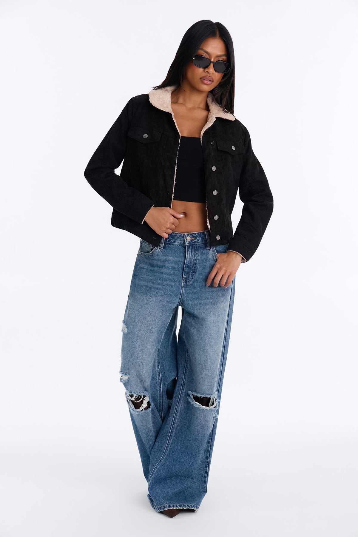 Always Comfy Sherpa Lined Corduroy Trucker Jacket - Black