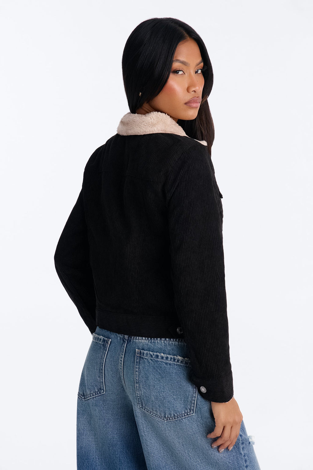 Always Comfy Sherpa Lined Corduroy Trucker Jacket - Black