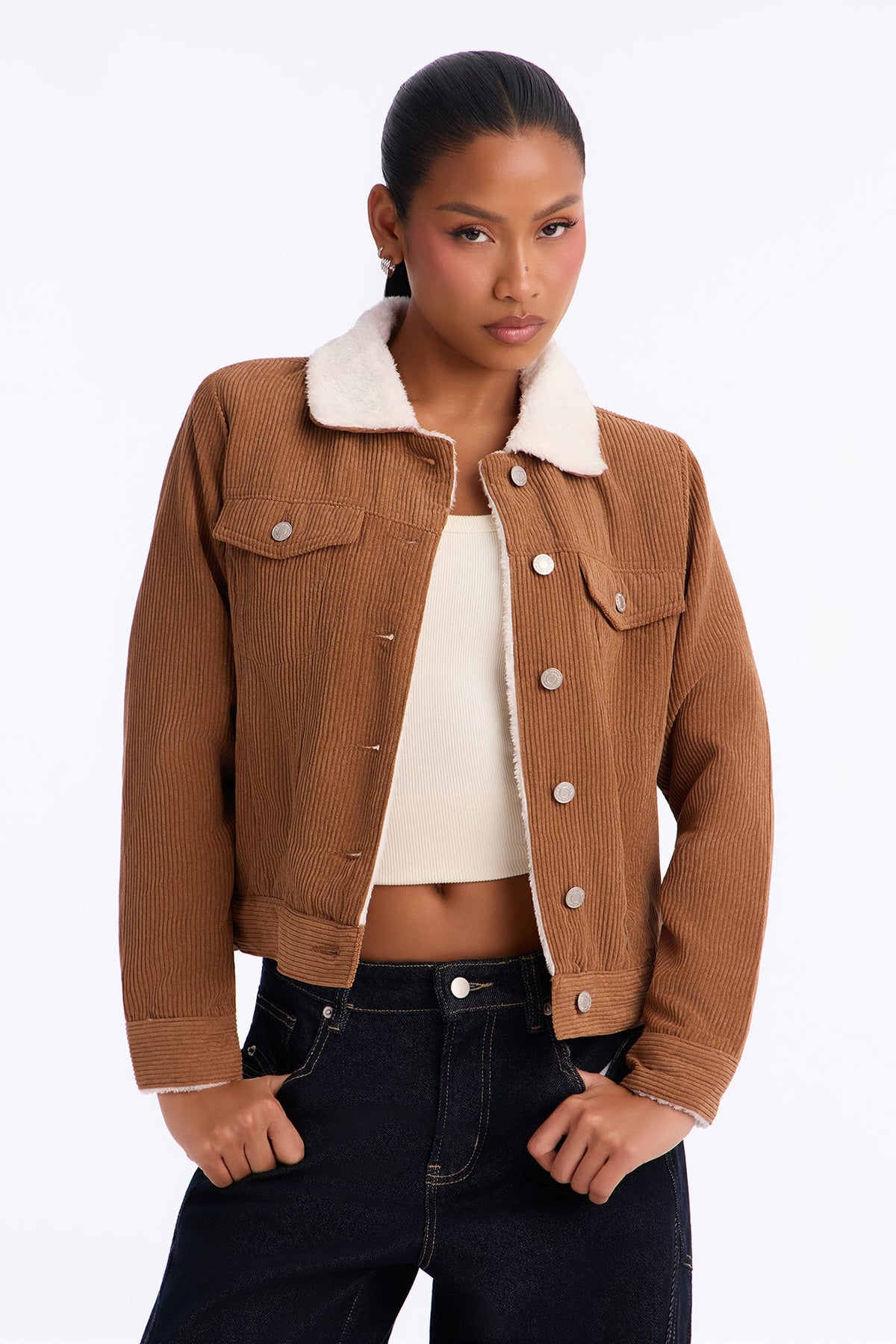 Always Comfy Sherpa Lined Corduroy Trucker Jacket - Brown