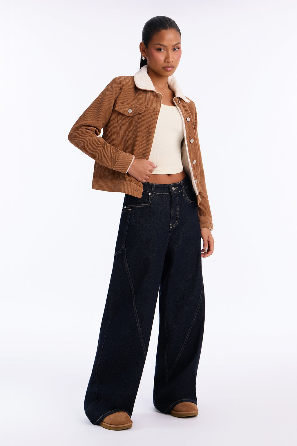 Always Comfy Sherpa Lined Corduroy Trucker Jacket - Brown