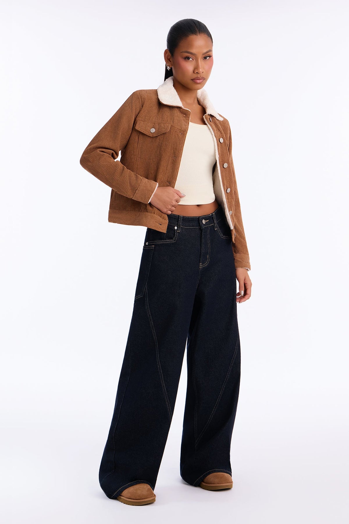 Always Comfy Sherpa Lined Corduroy Trucker Jacket - Brown