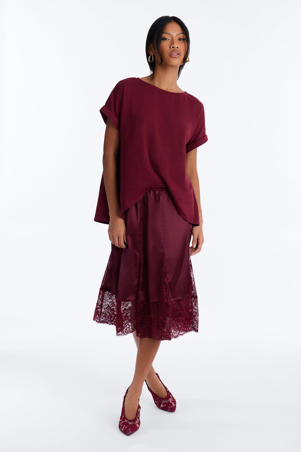 Mariah Lace Trim TShirt Midi Dress - Wine