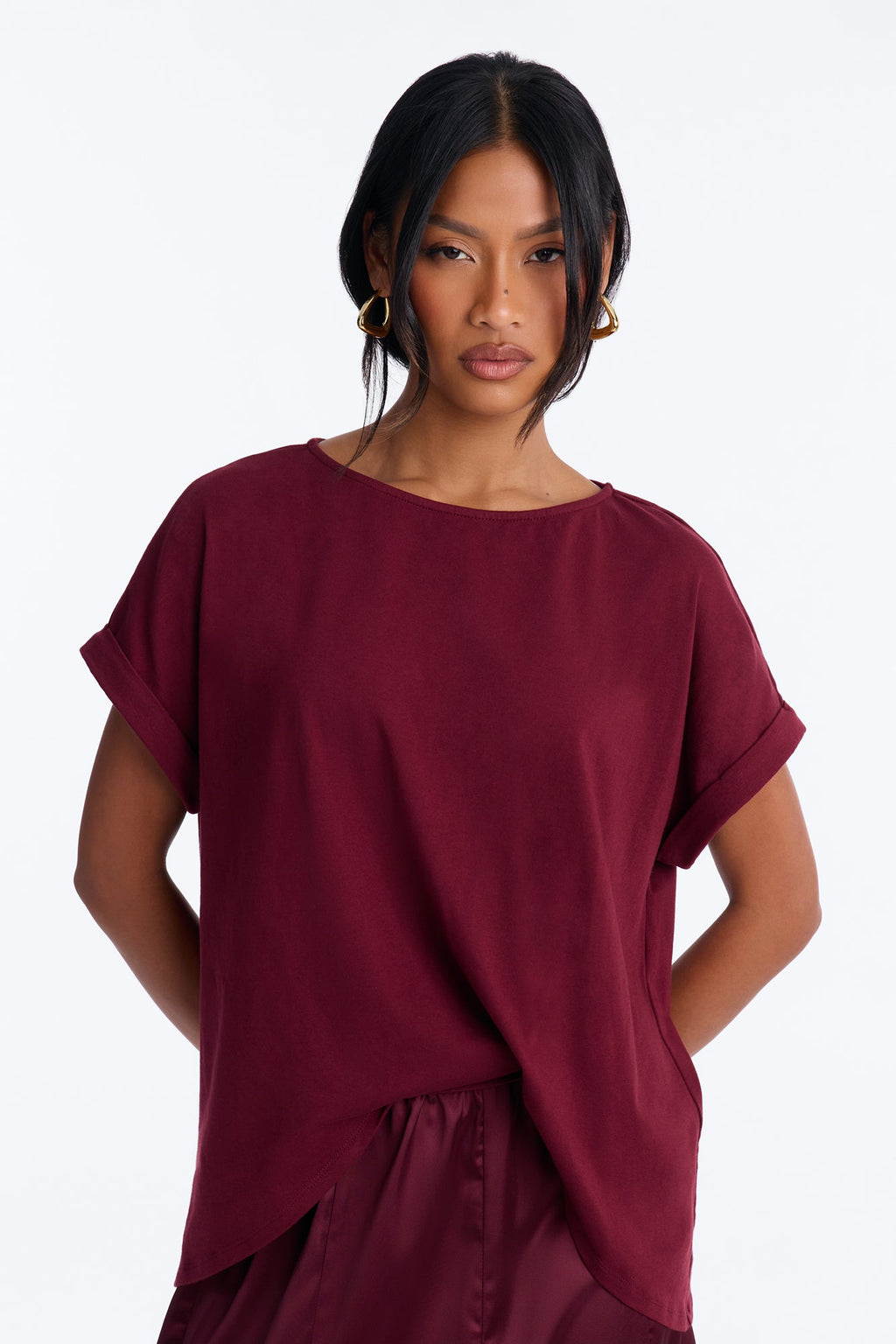 Mariah Lace Trim TShirt Midi Dress - Wine