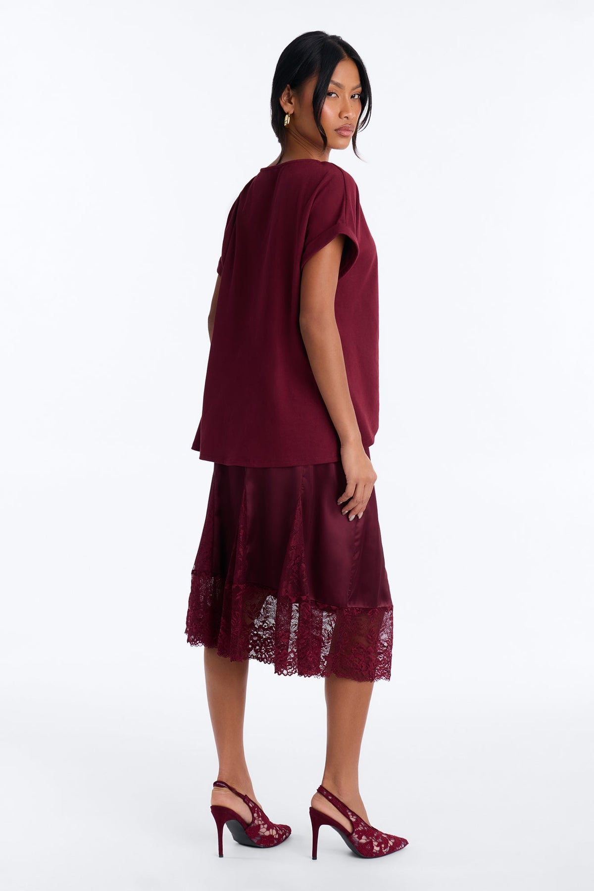 Mariah Lace Trim TShirt Midi Dress - Wine