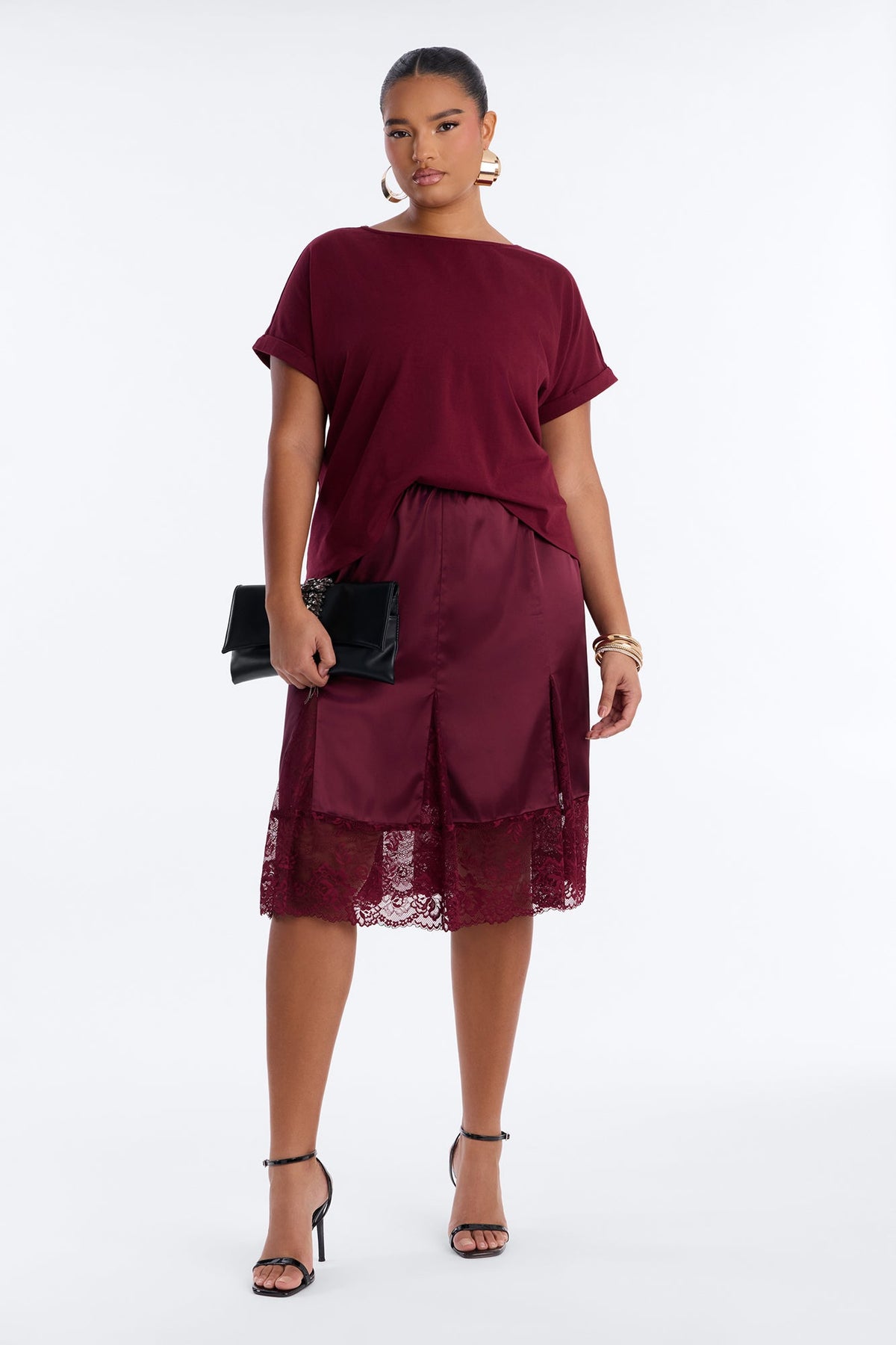Mariah Lace Trim TShirt Midi Dress - Wine