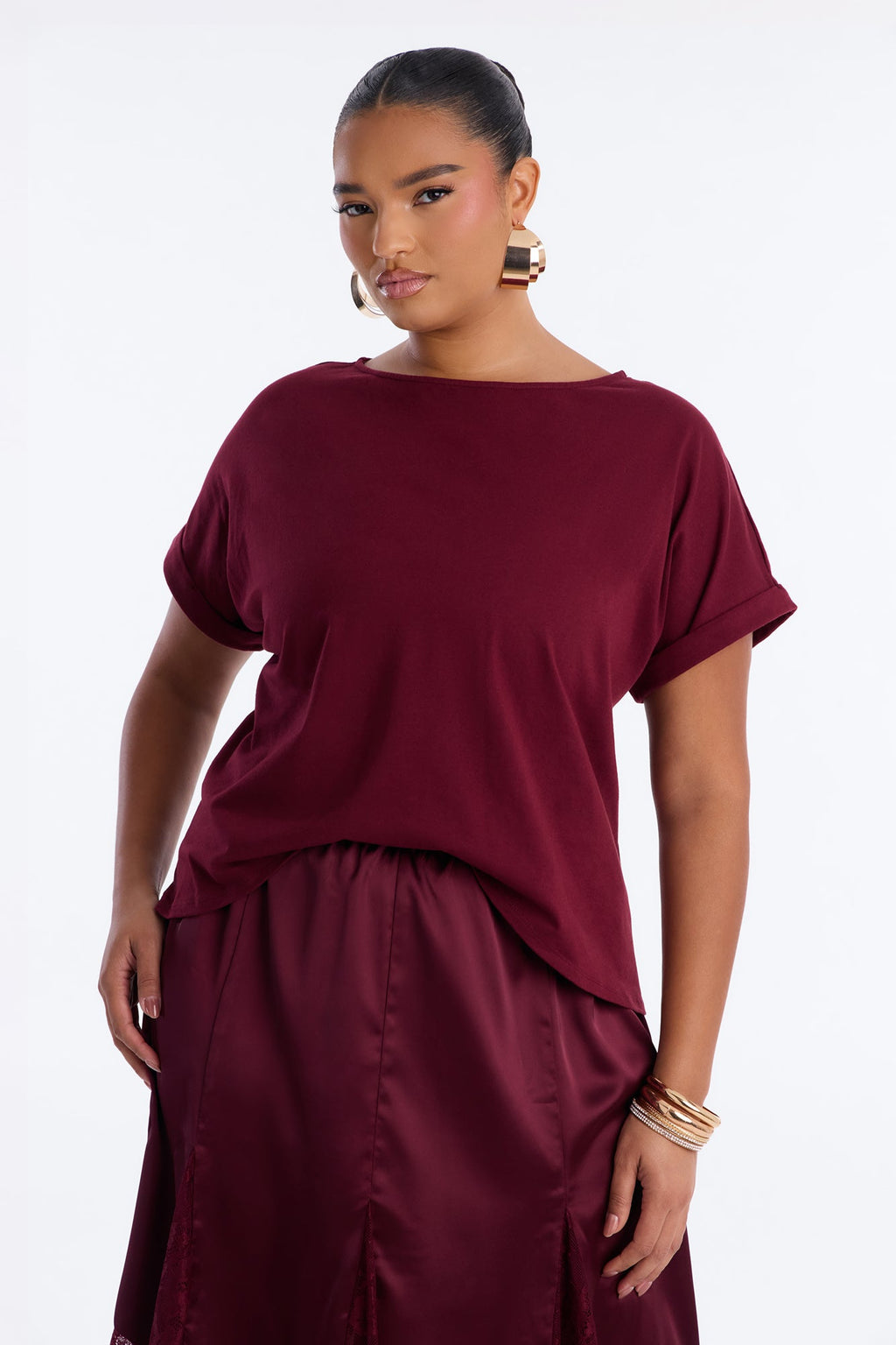 Mariah Lace Trim TShirt Midi Dress - Wine