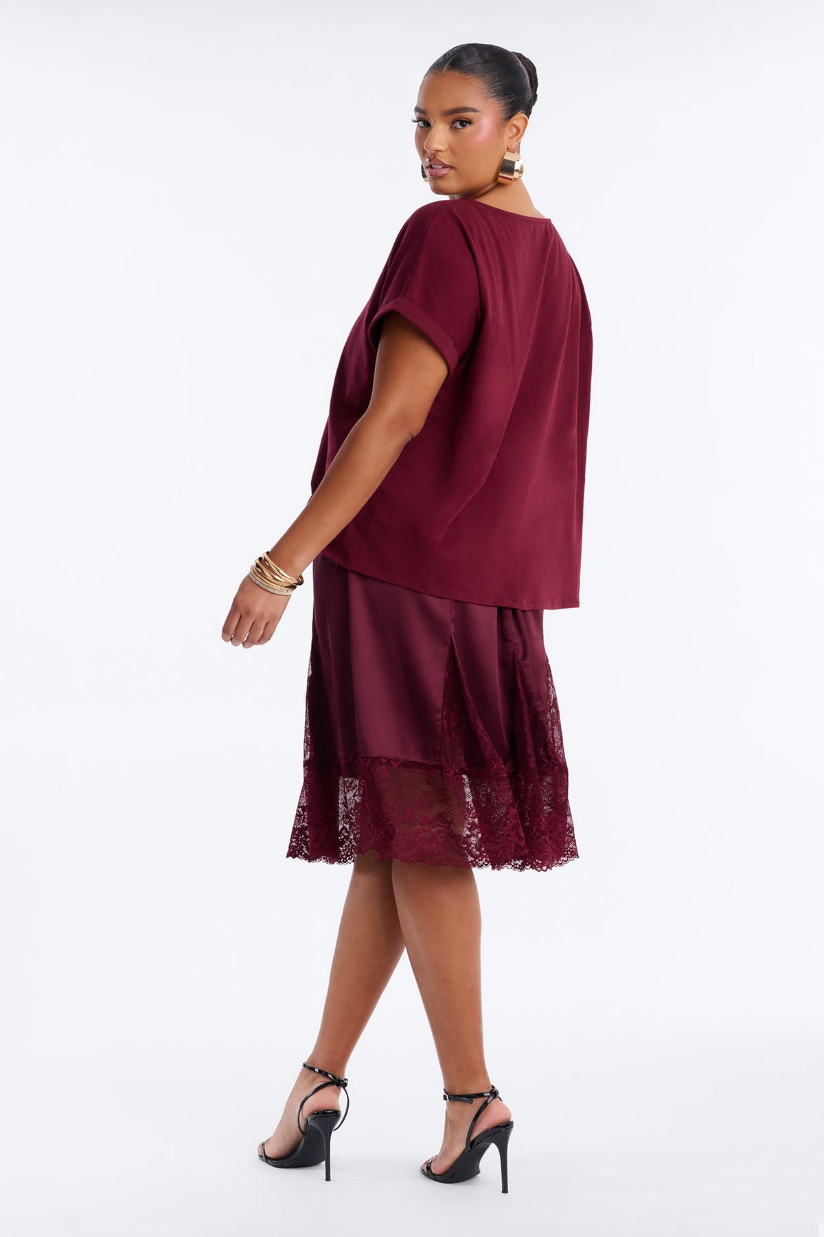 Mariah Lace Trim TShirt Midi Dress - Wine