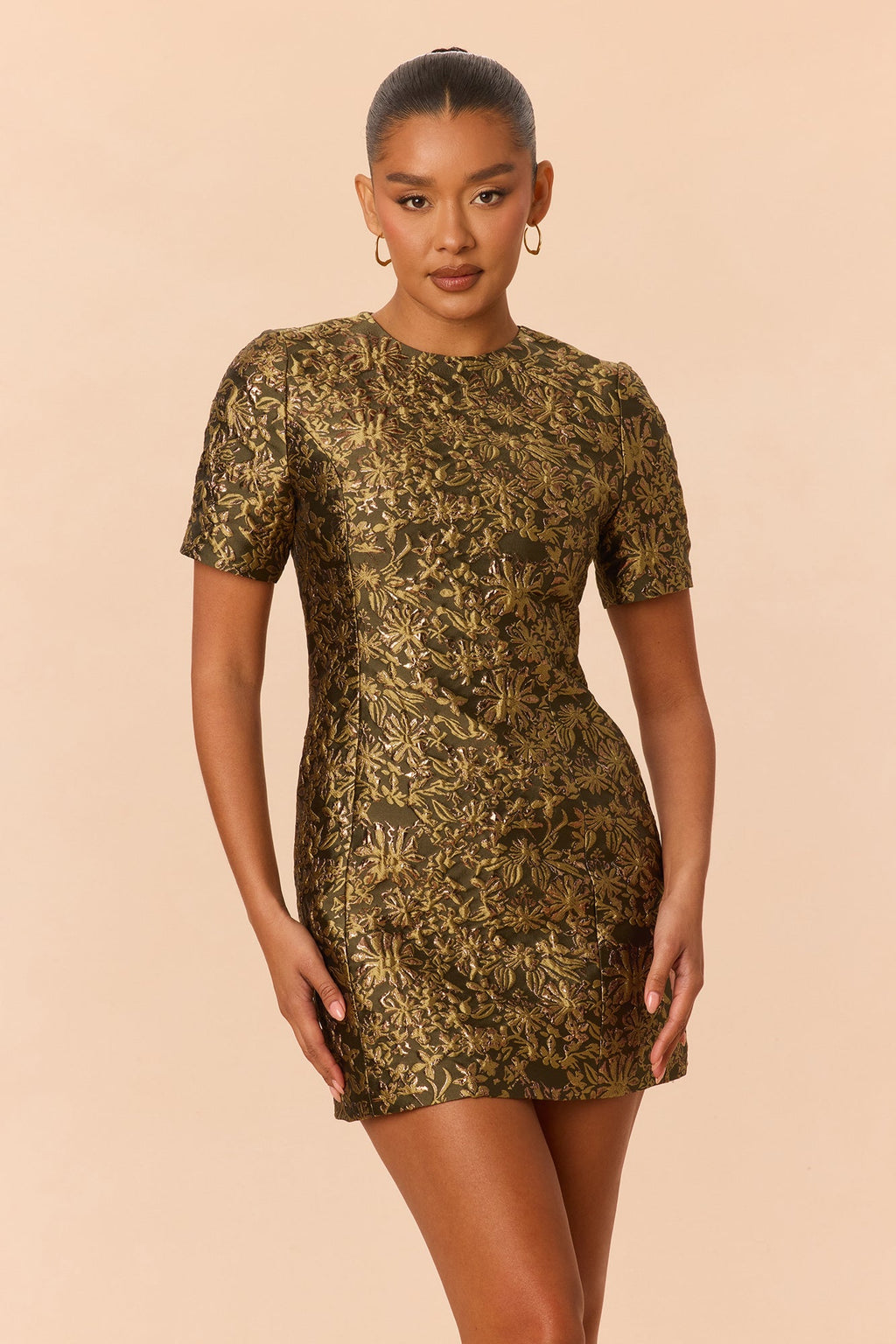 Alyssa Short Sleeve Jacquard Mini Dress - Olive/combo