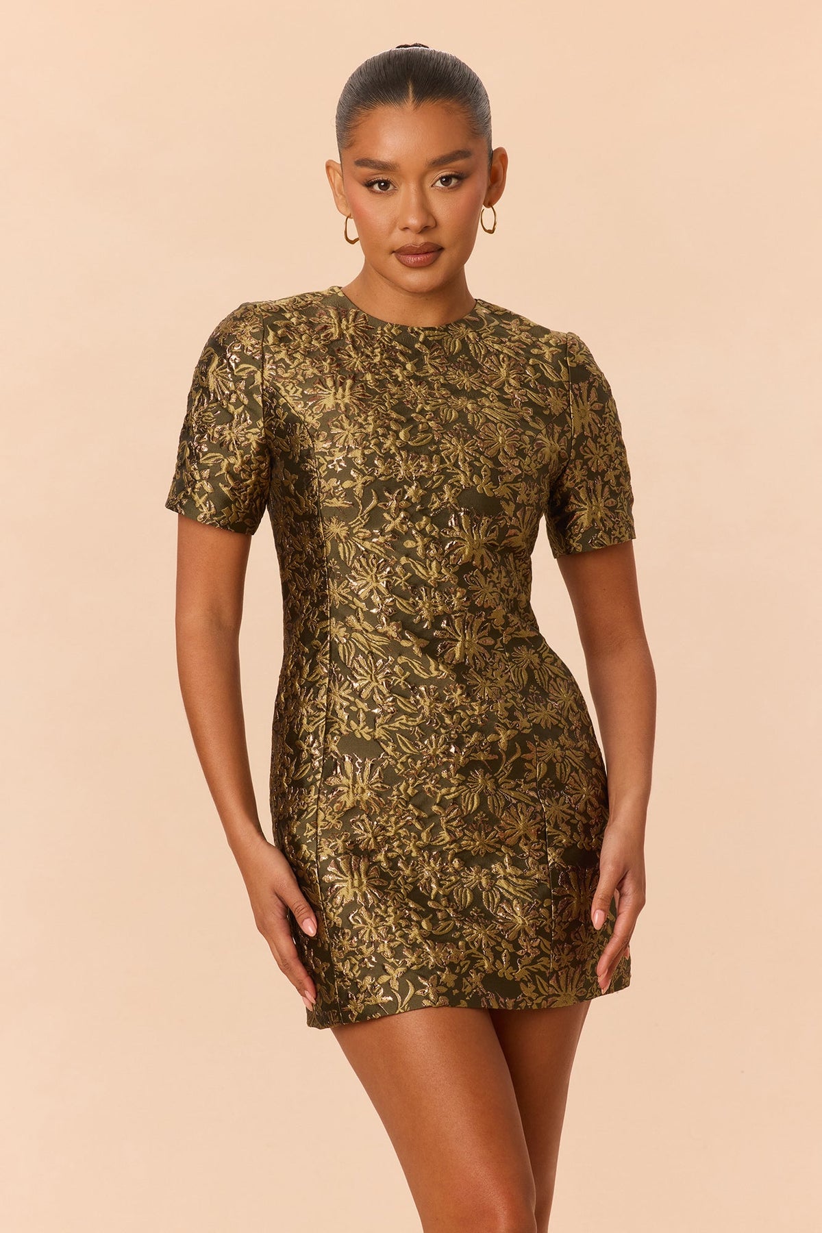 Alyssa Short Sleeve Jacquard Mini Dress - Olive/combo