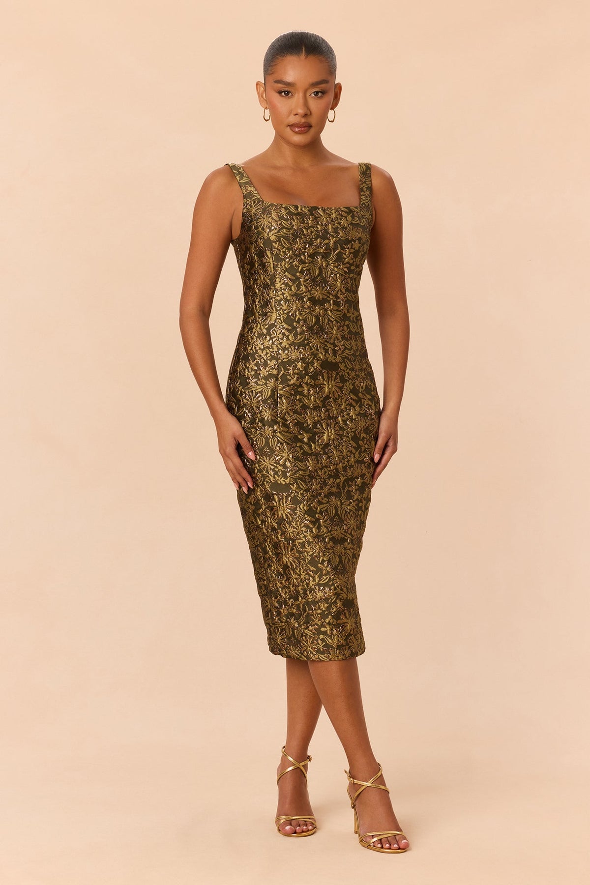 Alyssa Sleeveless Jacquard Midi Dress - Olive/combo