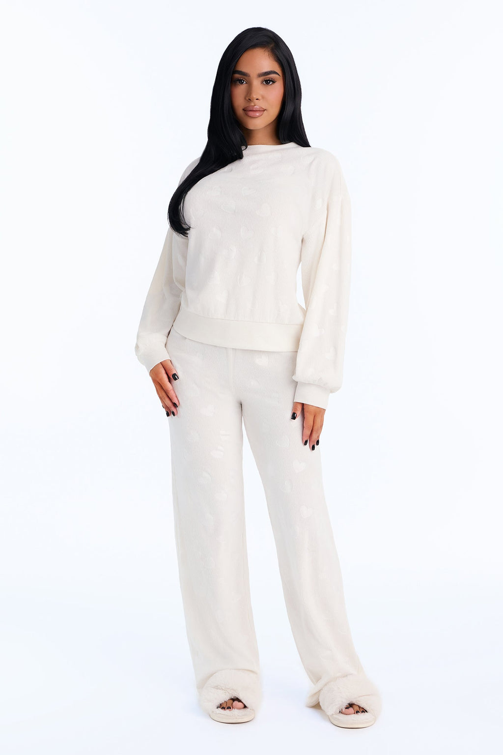 Frosted Darling Embossed Velour Sweatshirt PJ Pant Set - Cream