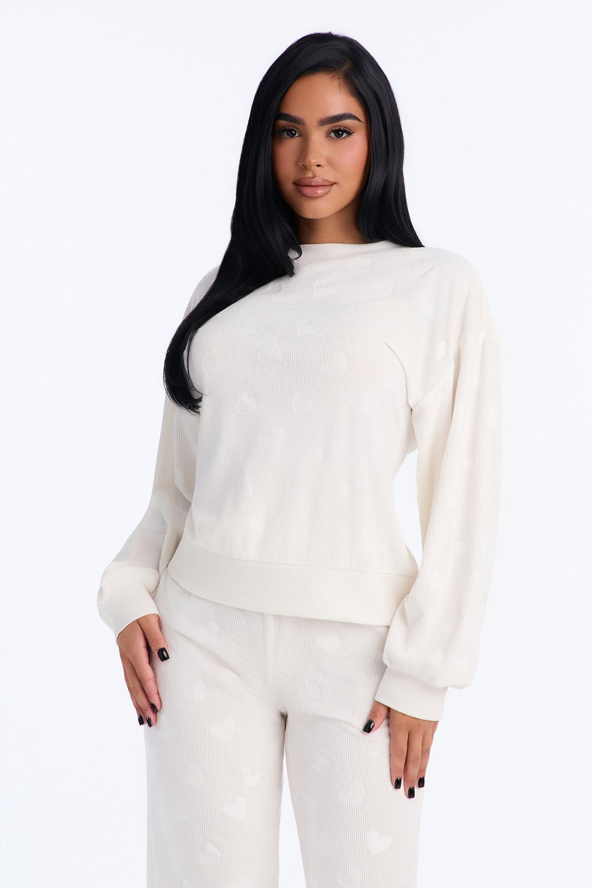 Frosted Darling Embossed Velour Sweatshirt PJ Pant Set - Cream