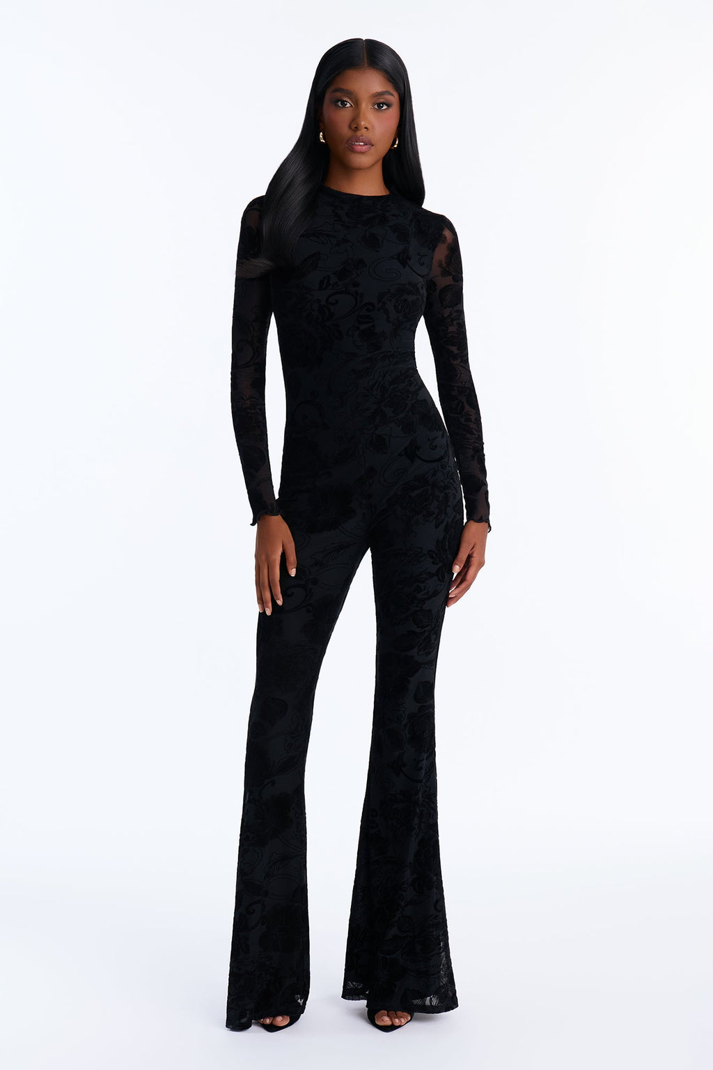 Dream Date Flocked Long Sleeve Jumpsuit - Black