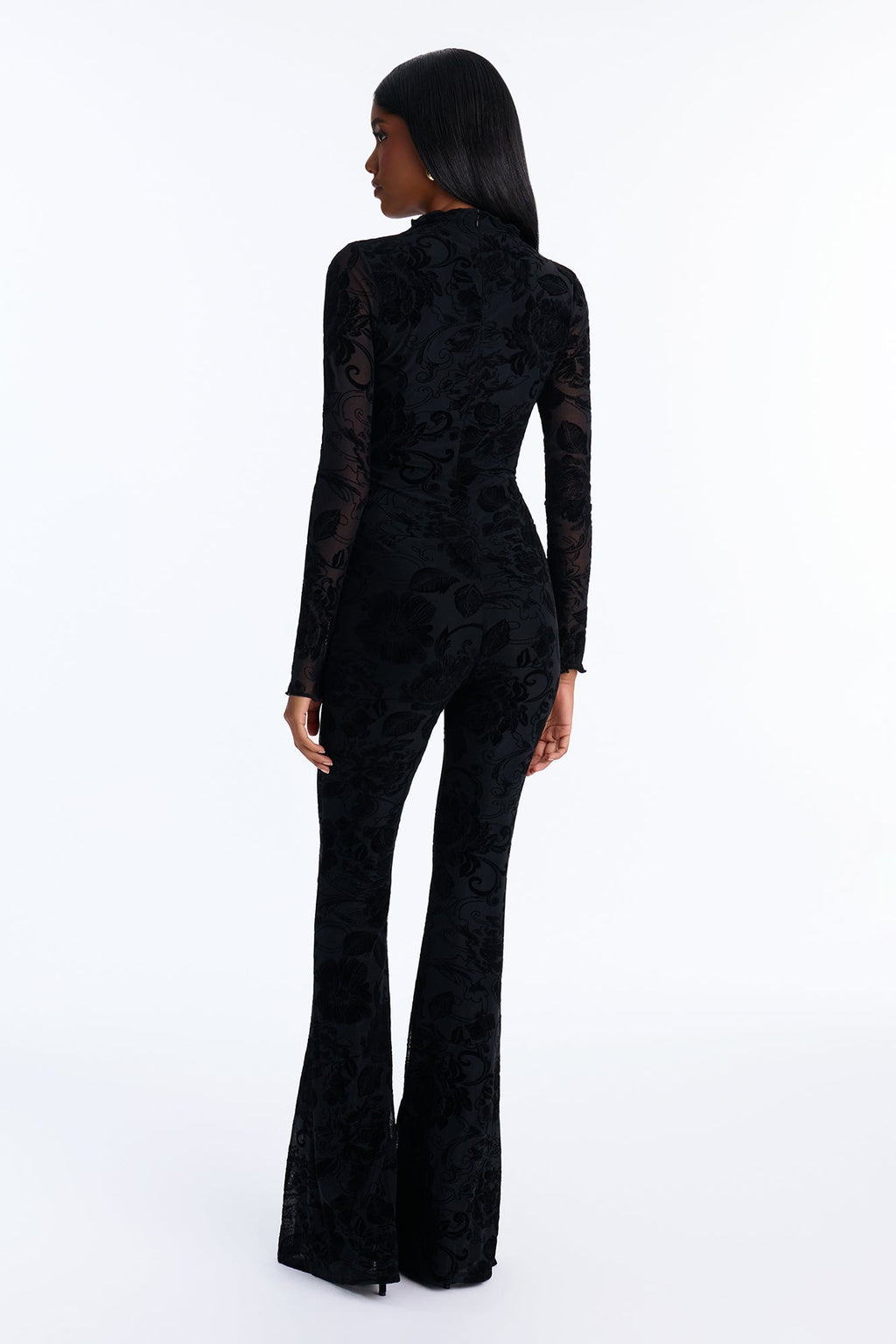 Dream Date Flocked Long Sleeve Jumpsuit - Black