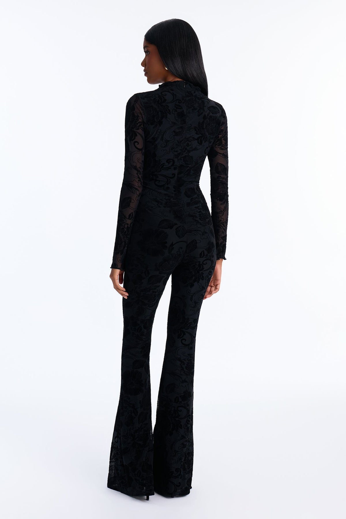 Dream Date Flocked Long Sleeve Jumpsuit - Black