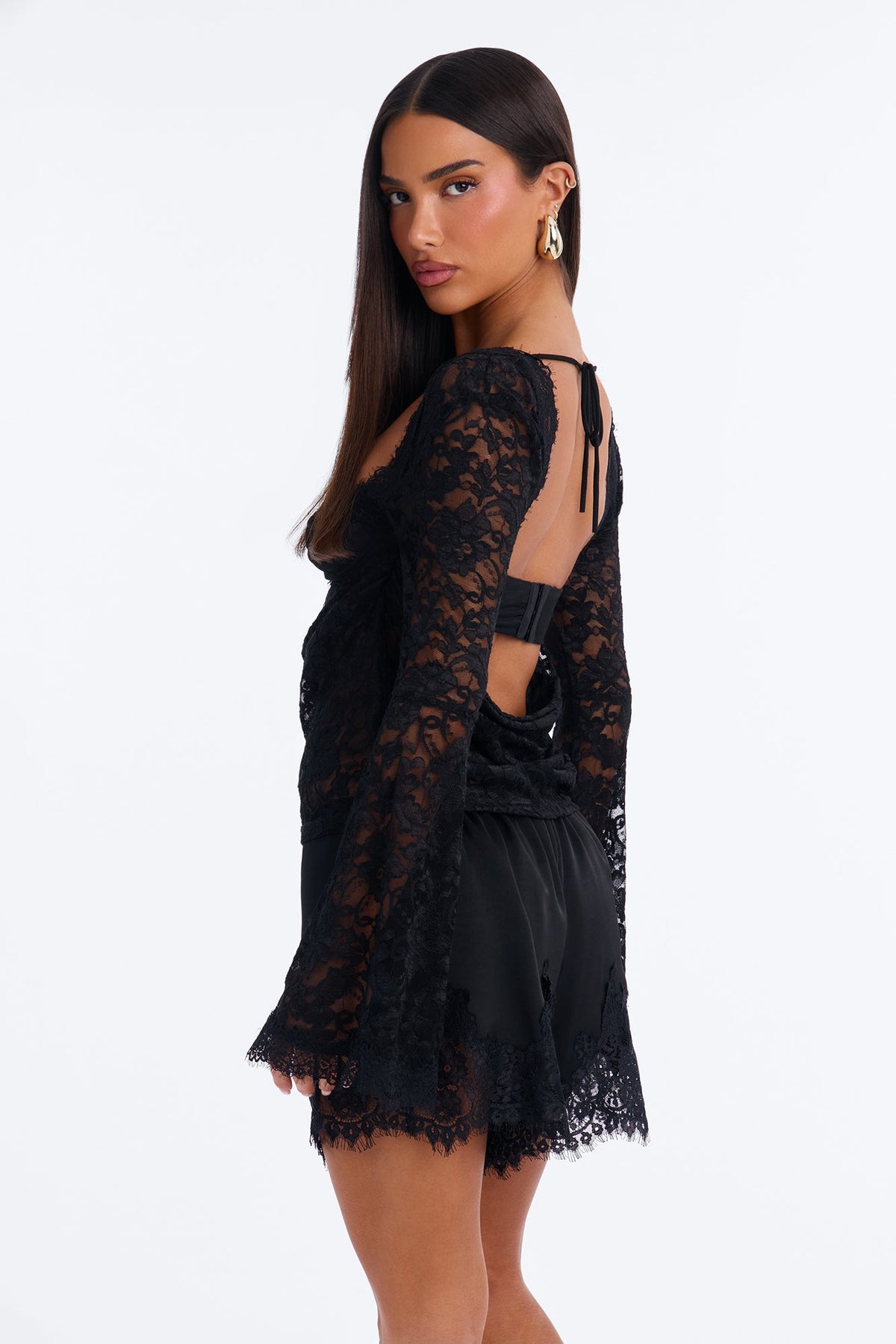 Dark Night Lace Long Sleeve Top - Black