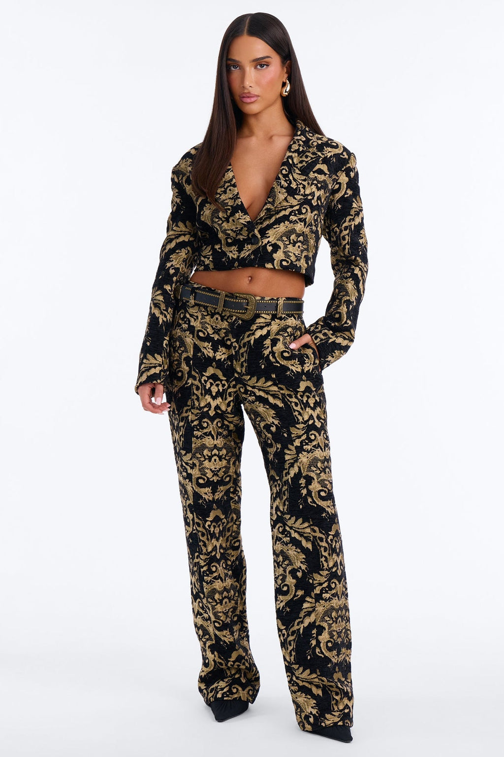 Celestia Tapestry Belted Pant Set - Black/Gold