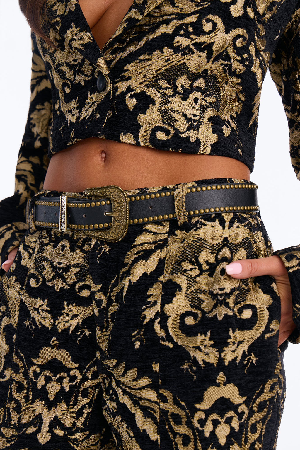 Celestia Tapestry Belted Pant Set - Black/Gold