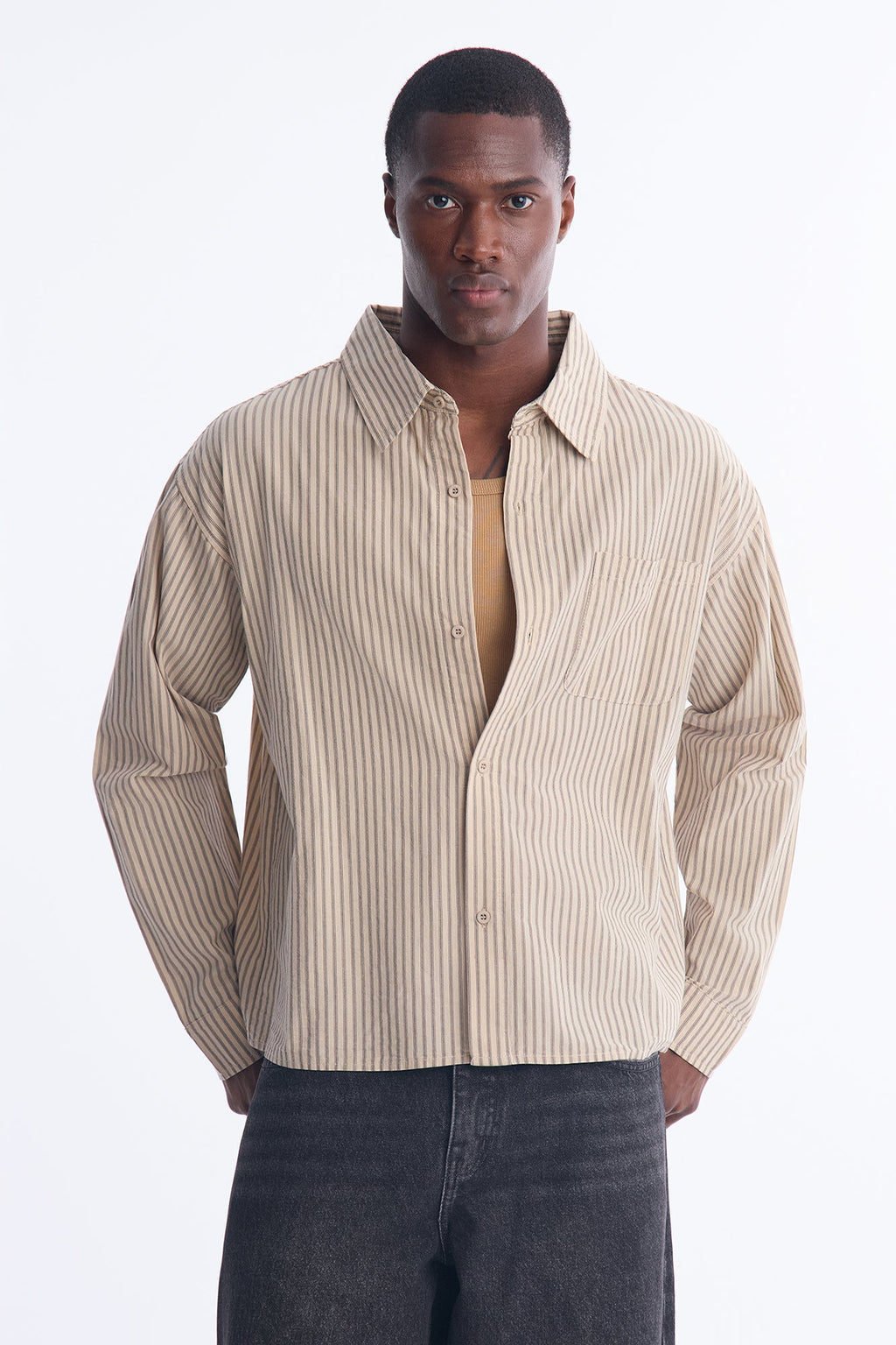 Relaxed Stripe Collar Point Button Up Shirt - Cream/combo