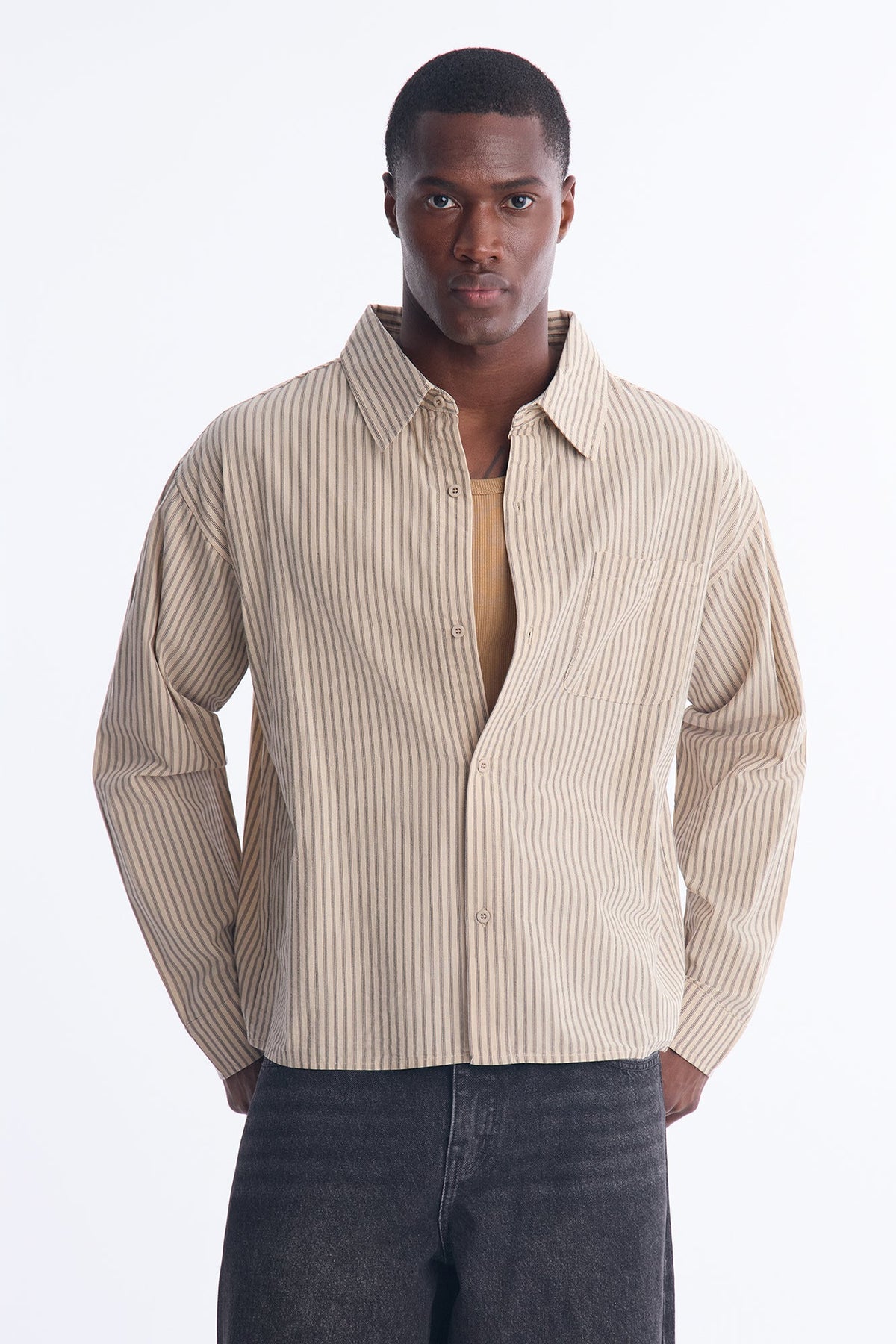 Relaxed Stripe Collar Point Button Up Shirt - Cream/combo