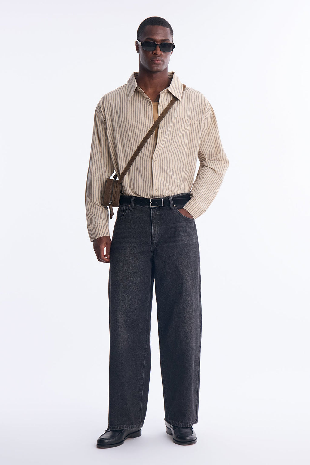 Relaxed Stripe Collar Point Button Up Shirt - Cream/combo
