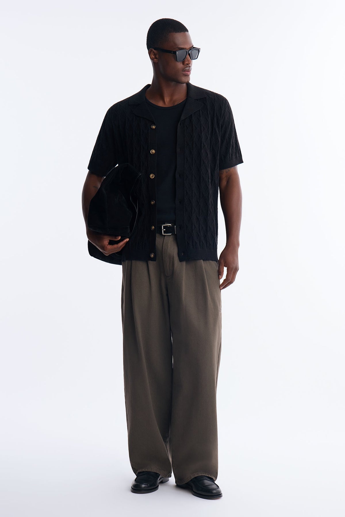 Argyle Textured Cuban Collar Sweater Shirt - Black